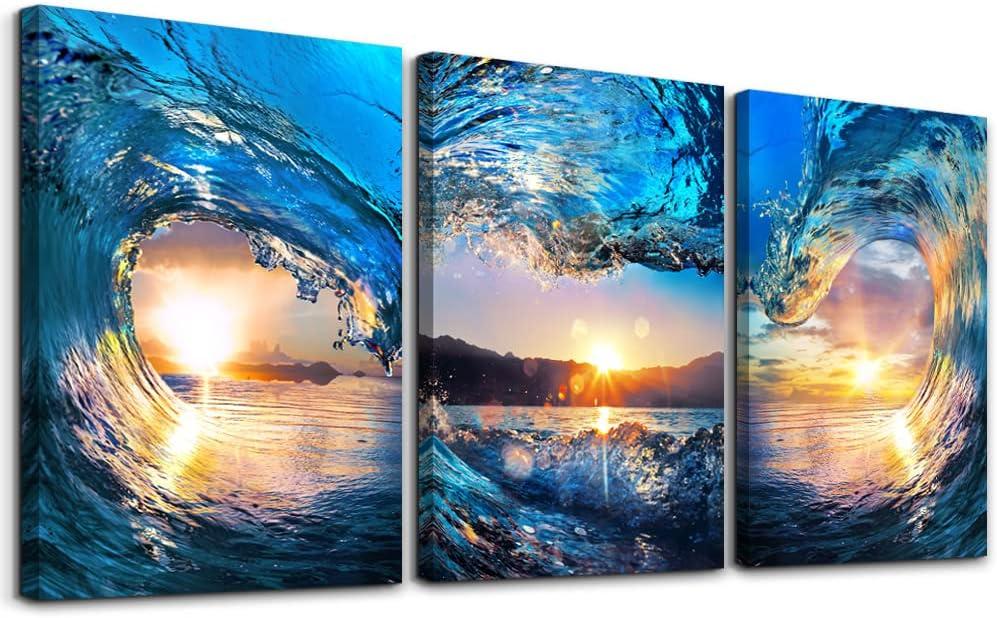 Sunrise Ocean Waves Canvas Wall Art For Living Room Bedroom Wall Decor Office Wall Pictures Blue Sea View Wall Paintings Beach Canvas Prints Artwork Modern Bathroom Home Decor Art 12" X 16" 3 Pieces