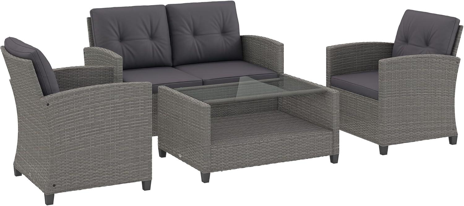 Outsunnny 4 Piece Patio Furniture Set, Outdoor Wicker Loveseat Sofa & Chairs, with 2-Tier Coffee Table & Tufted Cushions, Carbonized