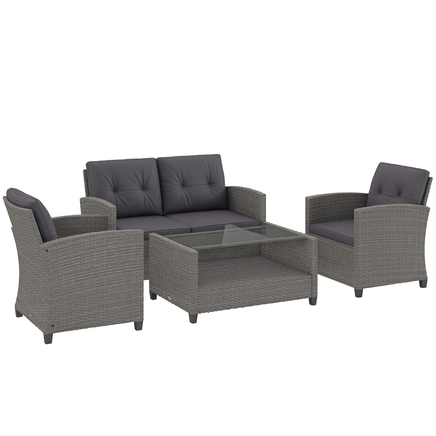 Outsunnny 4 Piece Patio Furniture Set, Outdoor Wicker Loveseat Sofa & Chairs, with 2-Tier Coffee Table & Tufted Cushions, Carbonized