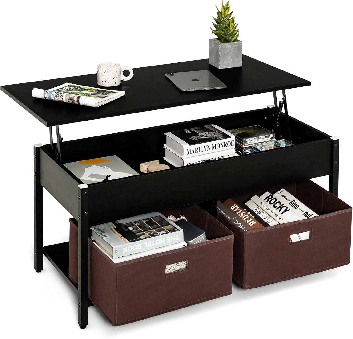 Black Lift-Top Coffee Table with Storage and Metal Frame