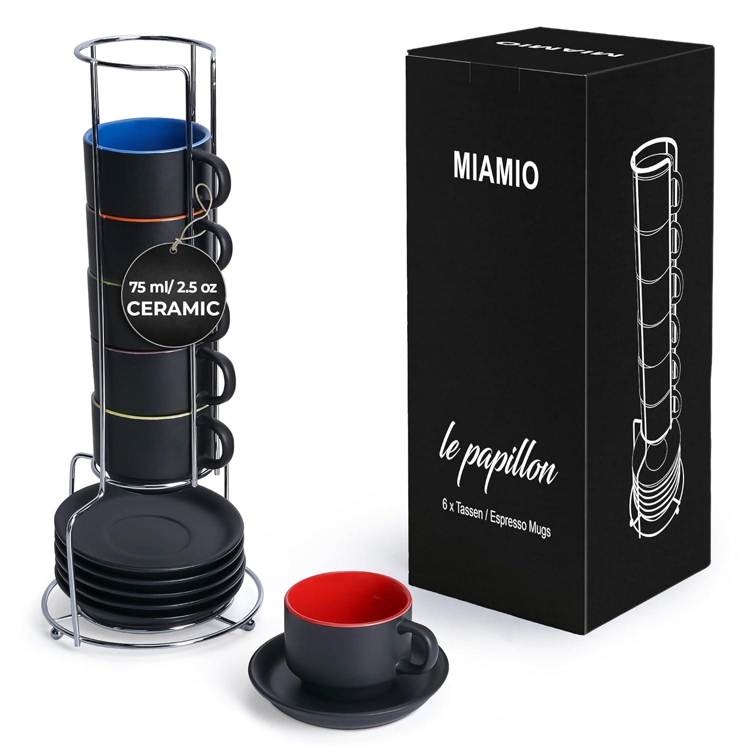 MIAMIO - 2.5 oz Espresso Cup Set with Saucers Coffee Mug Set of 6 - Ceramic Coffee Mug Stackable Espresso Mug with Stand for Coffee Drinks, Latte, Cafe Mocha - Le Papillon Collection (Colorful)