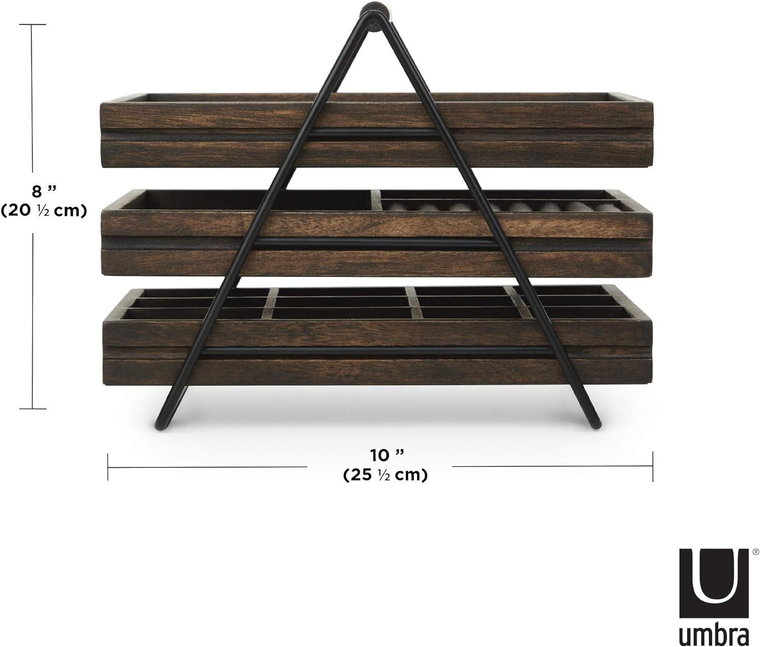 Walnut and Black 3-Tier Jewelry Organizer with Linen Lining