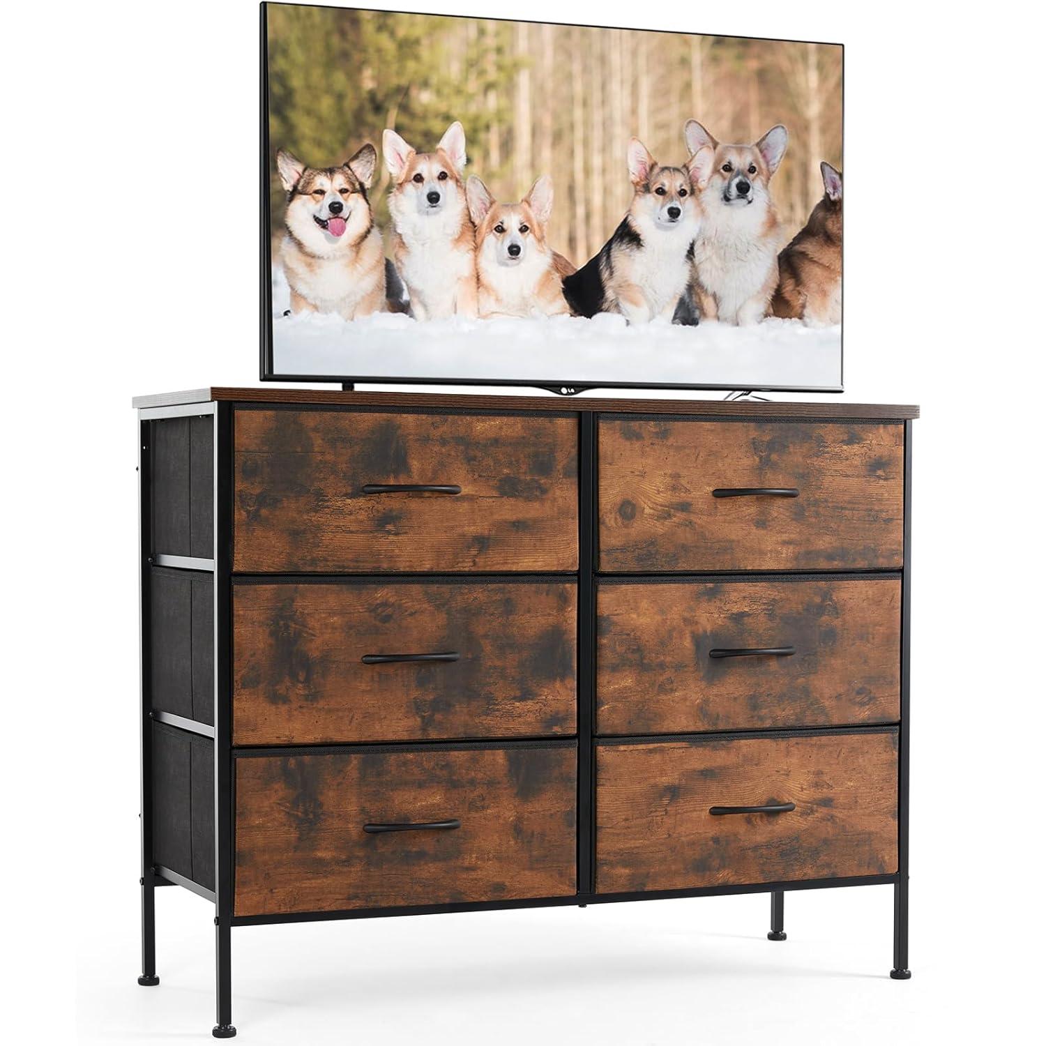 Sweetcrispy 6 Drawer Dresser for Bedroom, Fabric Chest of Drawers Dressers, Storage Tower Unit with Fabric Bins, Bedroom Dresser for Closet, Living Room, Hallway, Wood Top, Steel Frame, Brown