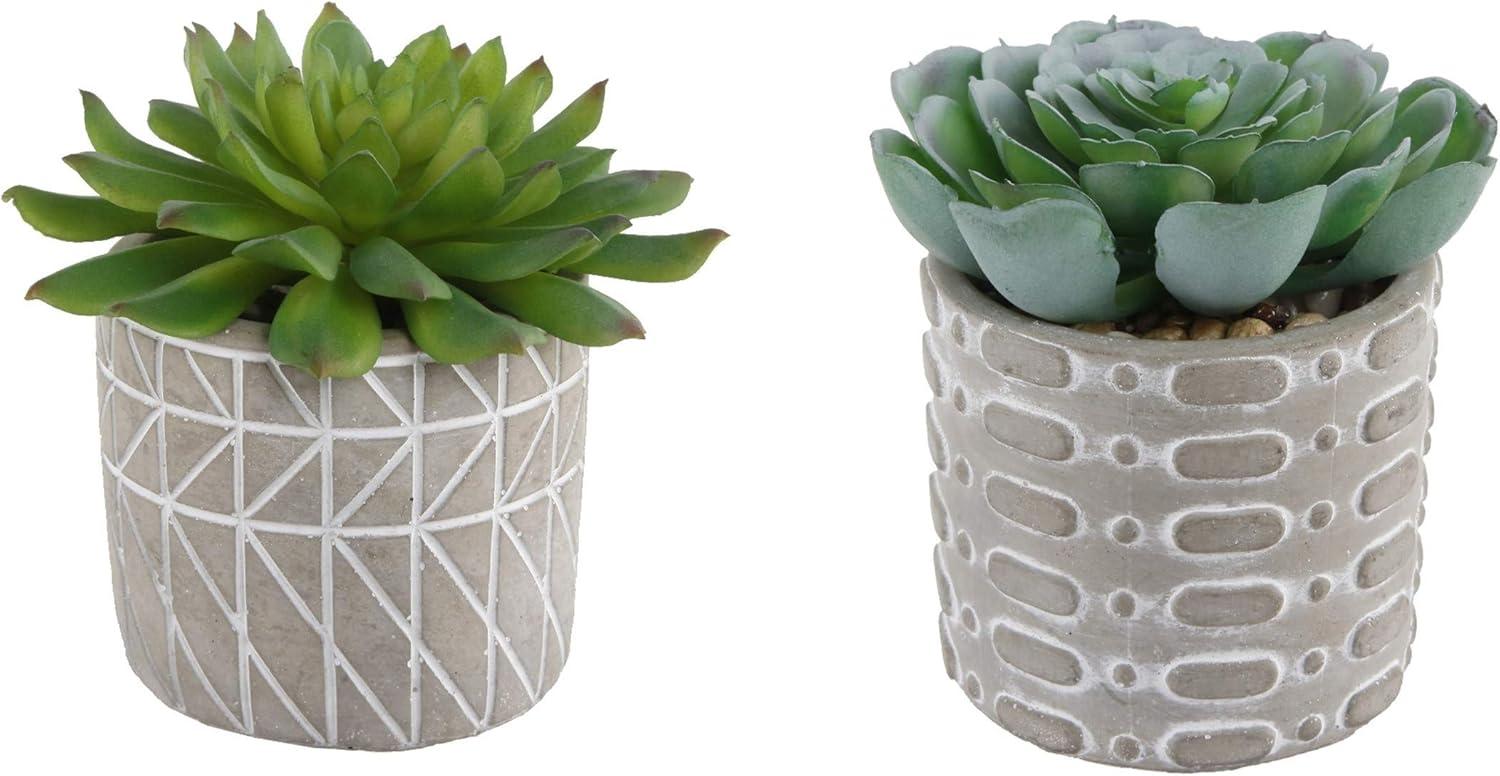 Flora Bunda Mid Century Artificial Plants Cactus Set of 2 Fake Succulent in 3" Cement Diamond line Pot Grey Planter, Potted Plants, for Home Office Decorations C65