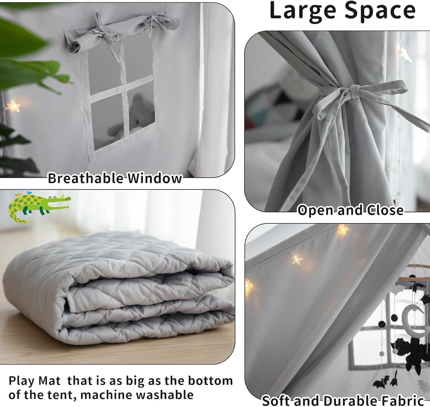 Kids Play Tent with Mat, Large Indoor Playhouse Tent, Kids Play House Tent Castle for Boys and Girls, Play Cottage (Grey)