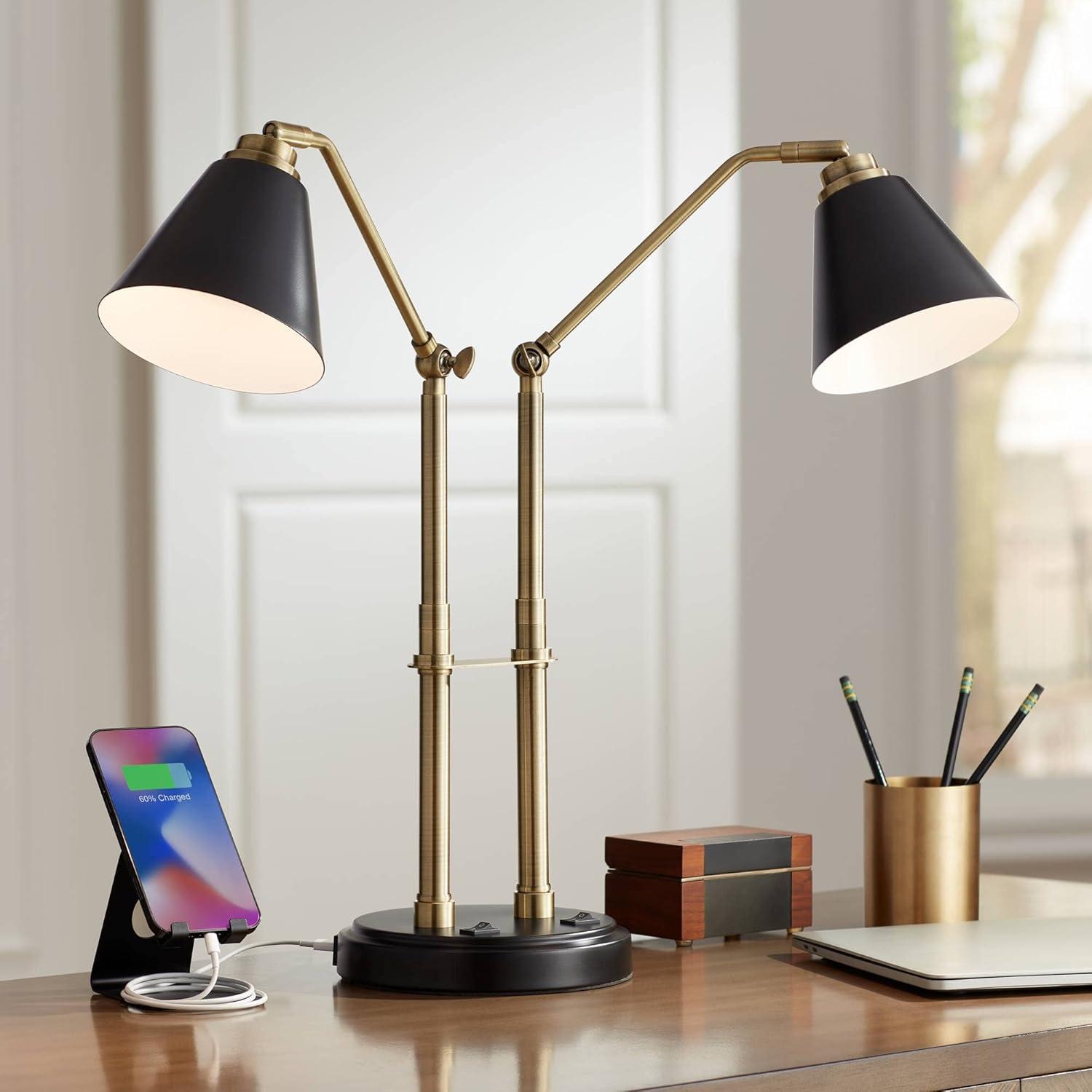 Possini Euro Design Sentry Modern Mid Century Desk Lamp 23" High Black Brass with USB Charging Port LED Adjustable Cone Shade for Bedroom Living Room