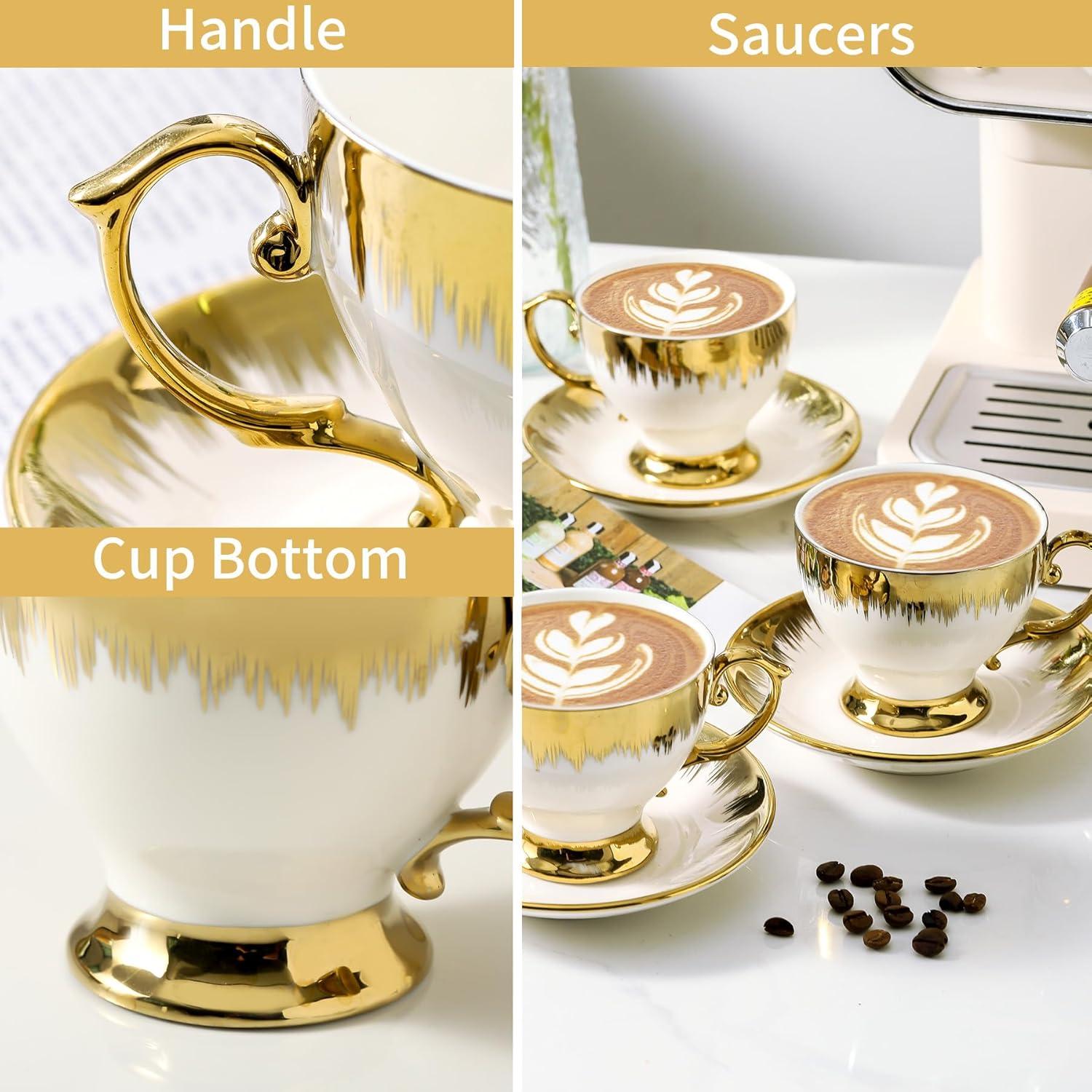 FAST APPLIANCES LLC Cappuccino Cups With Saucers, 7 Oz Porcelain Double Espresso Cups Set, Ceramic Turkish Coffee Cups With Trim, Tea Cups Set Of 6, Cafe Cups For Latte, Mocha, Au Lait