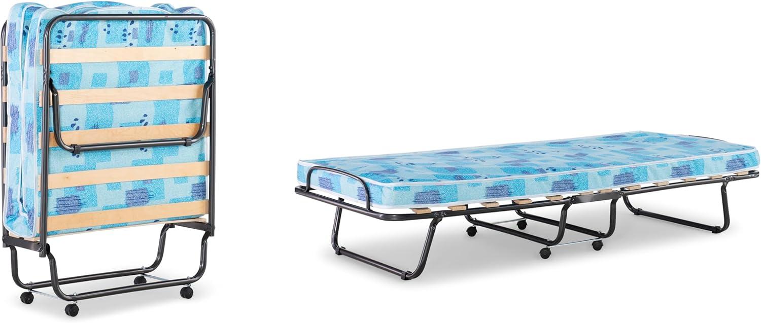 4" Twin Mattress Metal Frame Roma Rollaway Folding Guest Bed Blue - Linon: Portable, Space-Saving Design with Casters