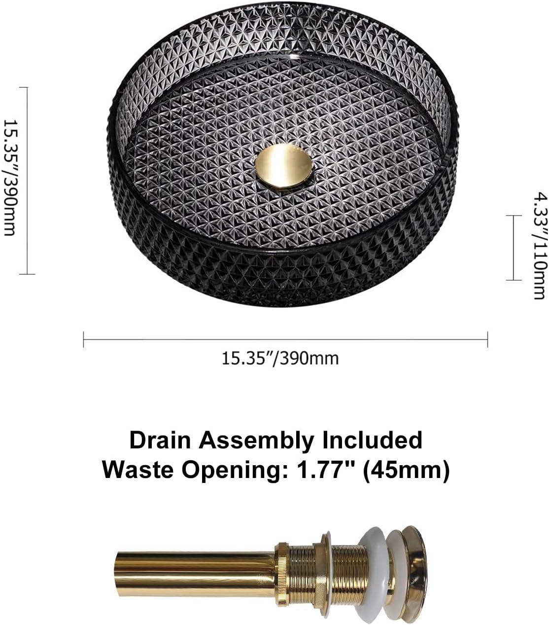 Homary 15" Vessel Transparent Diamond Shaped Crystal Glass Bathroom Wash Sink in Black