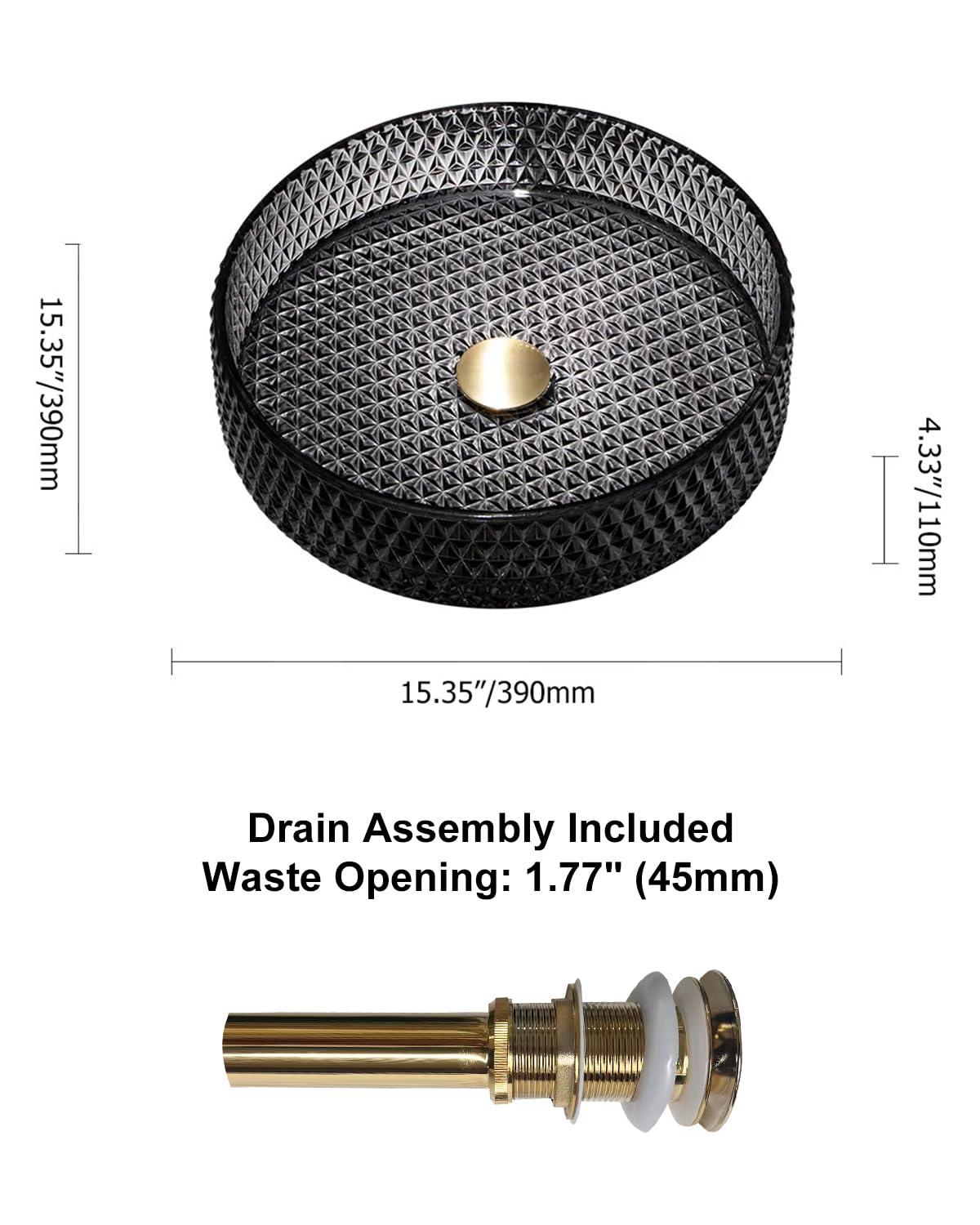 Homary 15" Vessel Transparent Diamond Shaped Crystal Glass Bathroom Wash Sink in Black