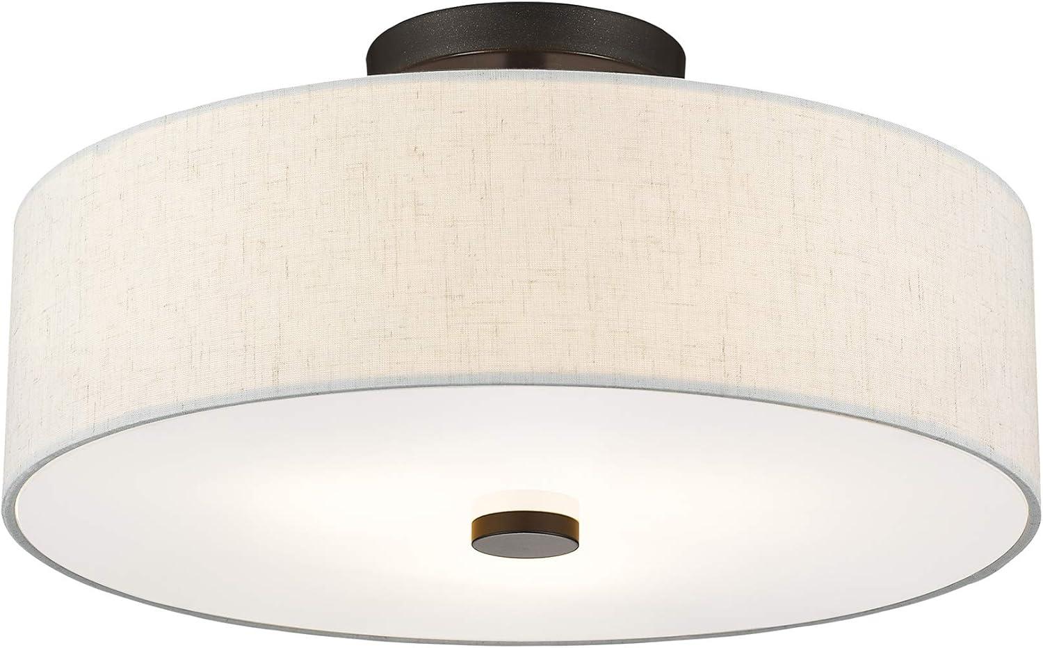 Meridian 3-Light English Bronze Semi Flush Mount with Oatmeal Fabric Shade