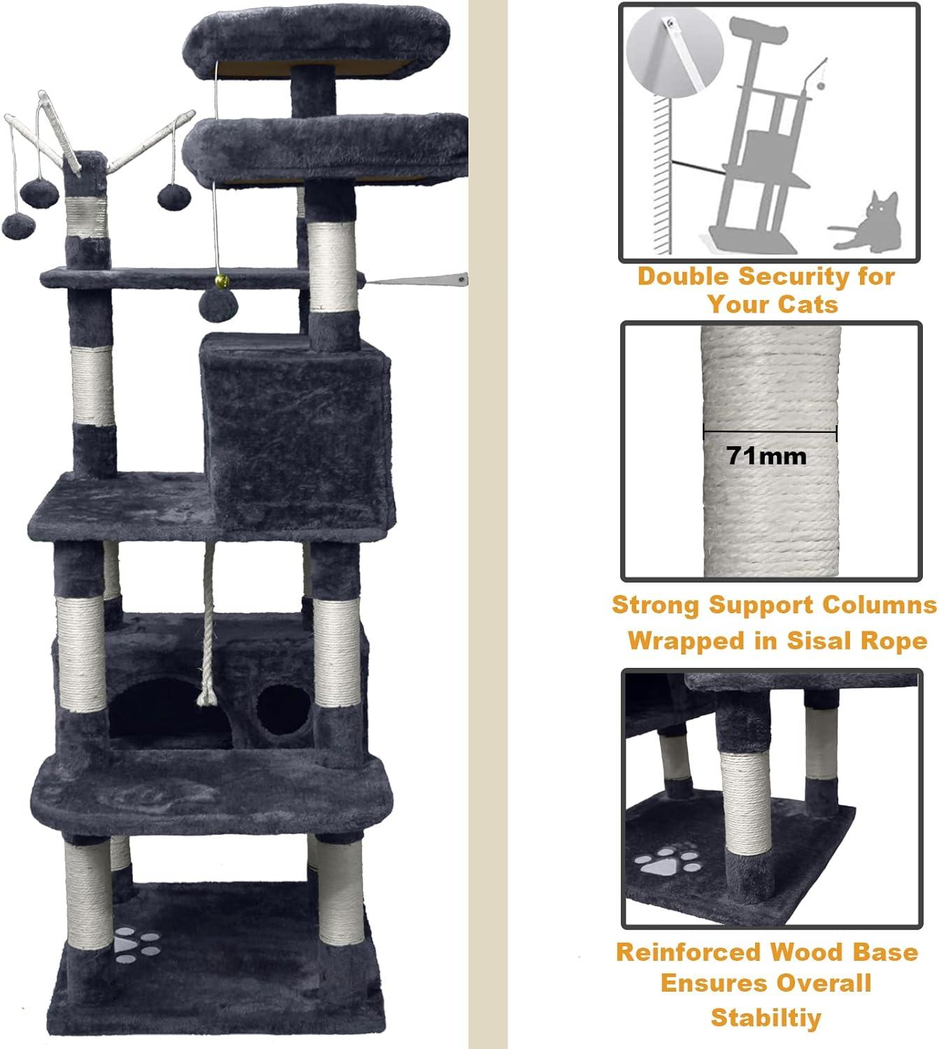 Cat Tree Tower for Indoor Cats,64 inches Large Multi-Level Cat Activity Center with Condos,Scratching Posts,Removable Fur Ball Sticks(Dark Grey002)