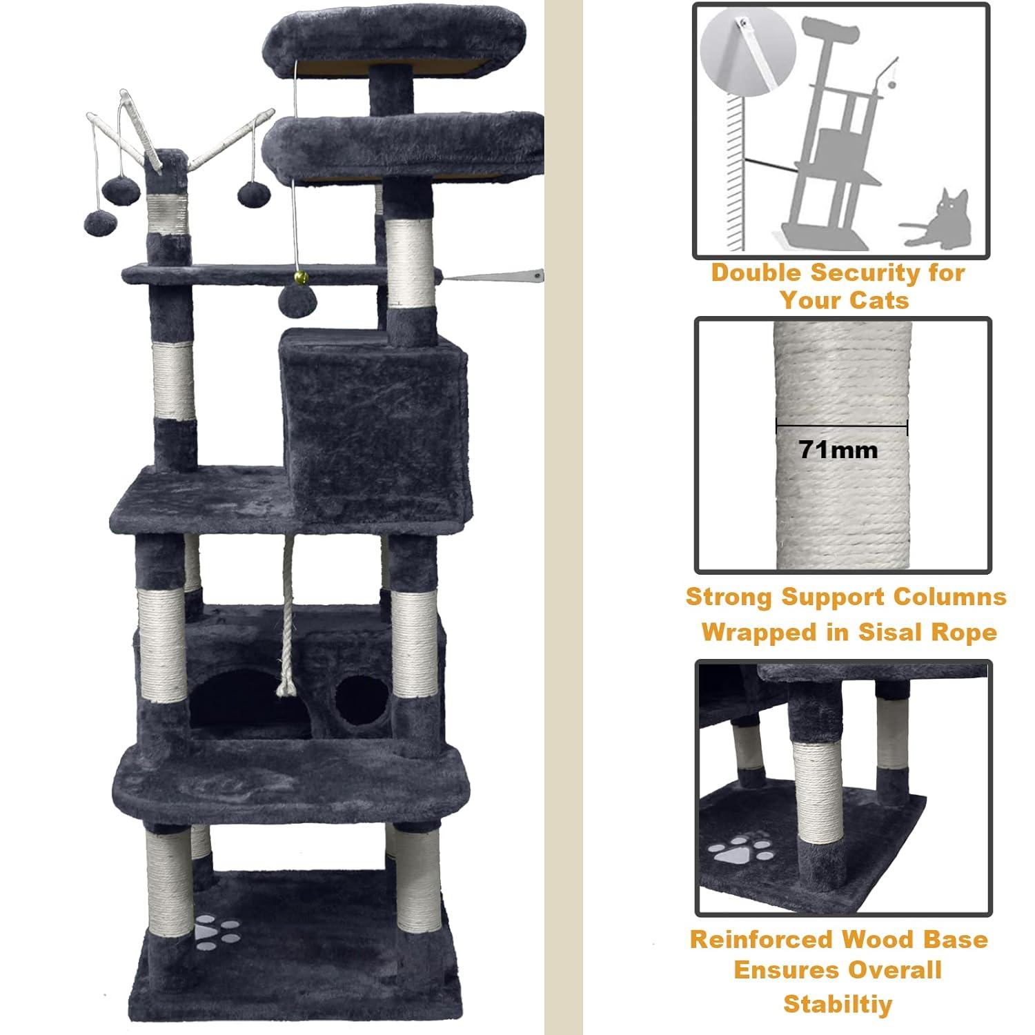 Cat Tree Tower for Indoor Cats,64 inches Large Multi-Level Cat Activity Center with Condos,Scratching Posts,Removable Fur Ball Sticks(Dark Grey002)