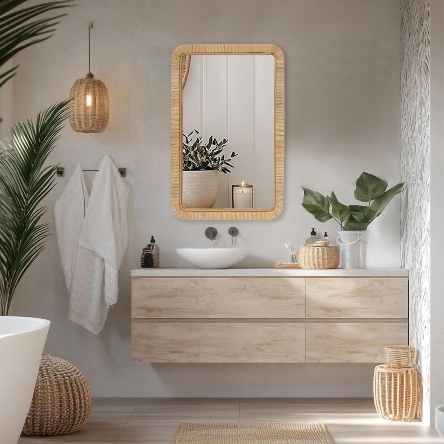 Barnyard Designs Rattan Bathroom Mirror – Rustic Farmhouse Style Handmade Wicker Rattan Frame - Boho Mirror for Nursery Wall Décor (20" x 30", Rectangular)