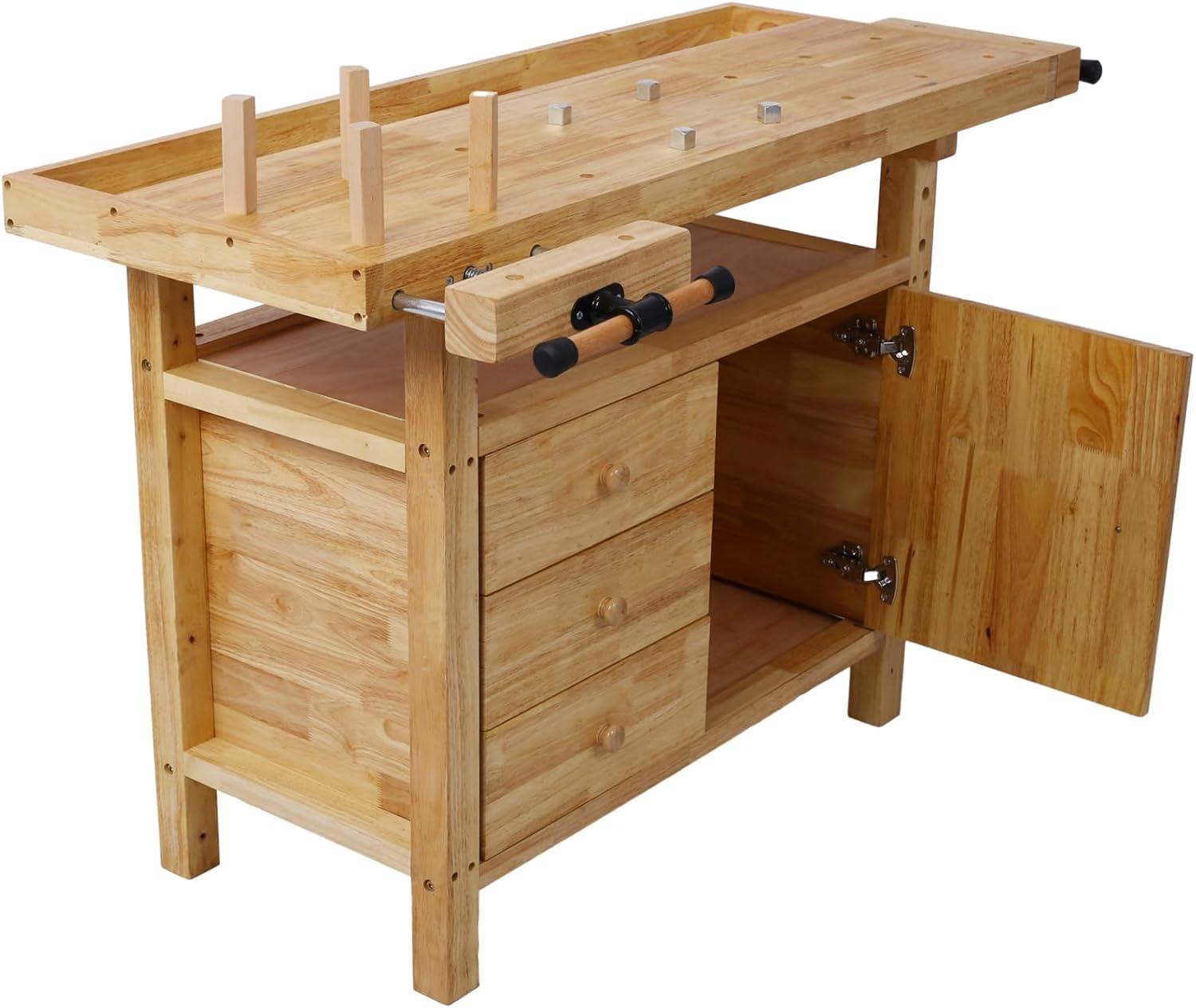 60" Solid Wood Workbench with 4 Drawers and Lower Shelf, Durable Rubberwood Wooden Workbench for Garage, Woodworking Carpenter Workshop and Home Natural Finish 330 lbs Capacity