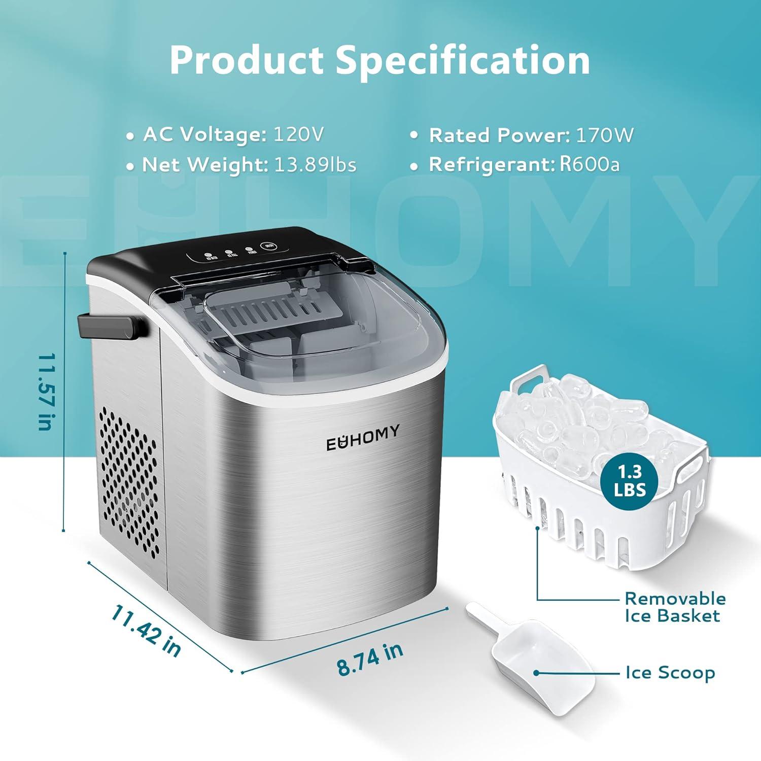 Ice Maker Countertop with Handle, 26lbs in 24Hrs, 9 Ice Cubes Ready in 6 Mins, Auto-Cleaning Portable Ice Maker with Basket and Scoop, for Home/Kitchen/Camping/RV. (2024 New Silver) Utensils
