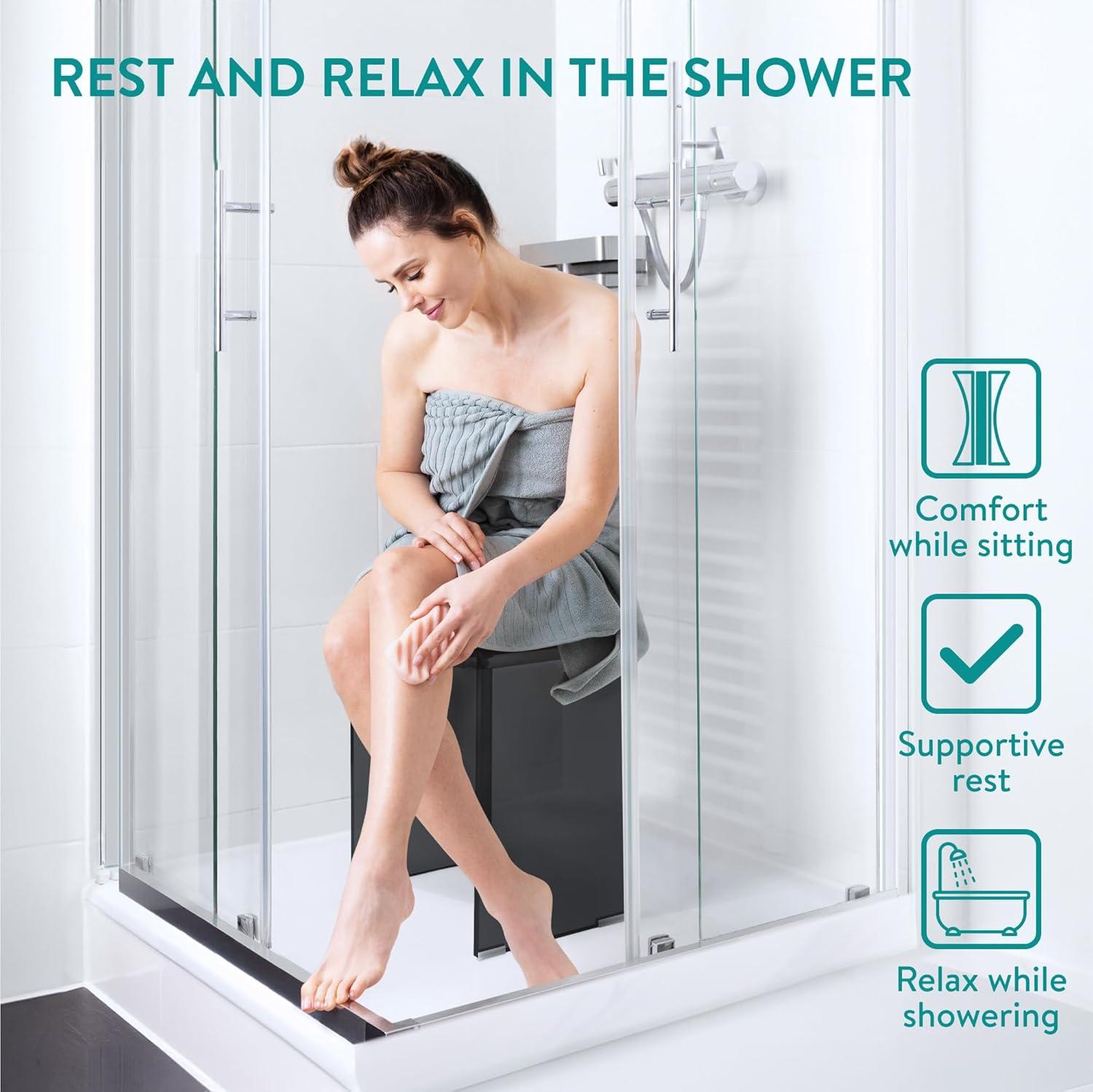 Navaris Black Acrylic Shower Bench - Waterproof Stool for Bathroom or Vanity 17.1" x 14.6" x 11" - Modern Glam Transparent Seat - Holds up to 220 lbs