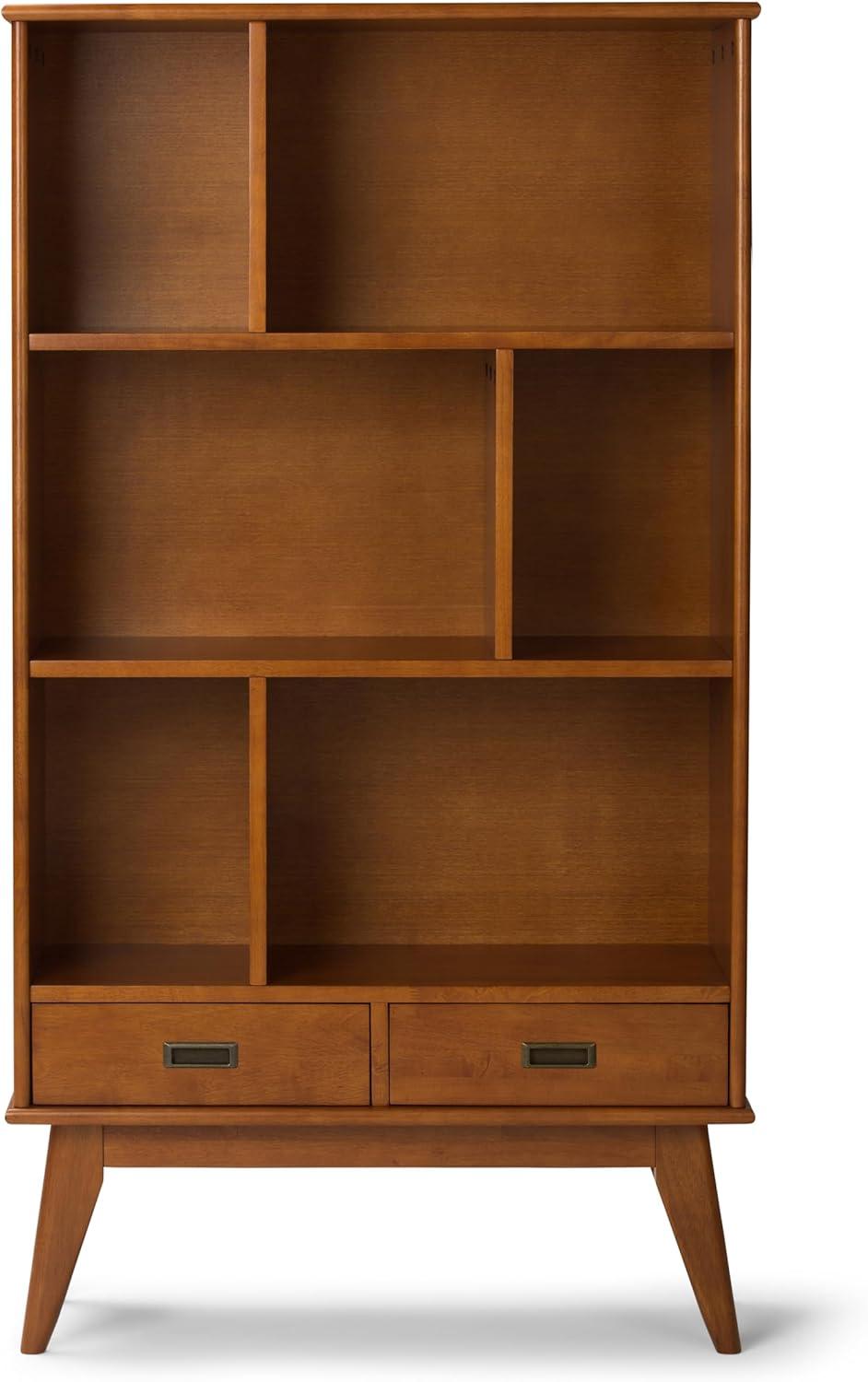 Simpli Home Draper 35"W Solid Hardwood 6 Shelf Compartment Mid-Century Modern Wide Bookcase with 2 Drawers