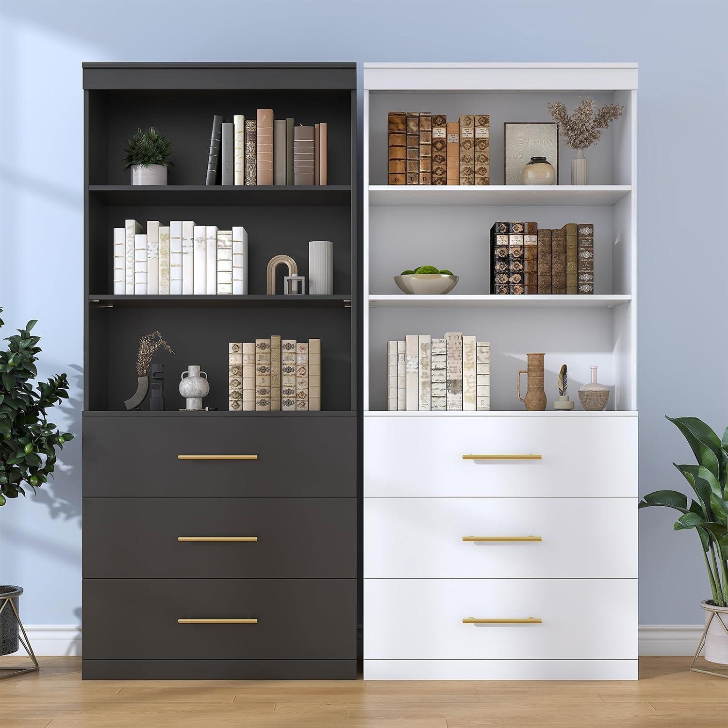Winkalon 71" H Black Bookshelf with Drawers, Bookshelf and Bookcase with 3-Tier Open Shelves, Tall Bookcase Tall Storage Cabinet for Home Office