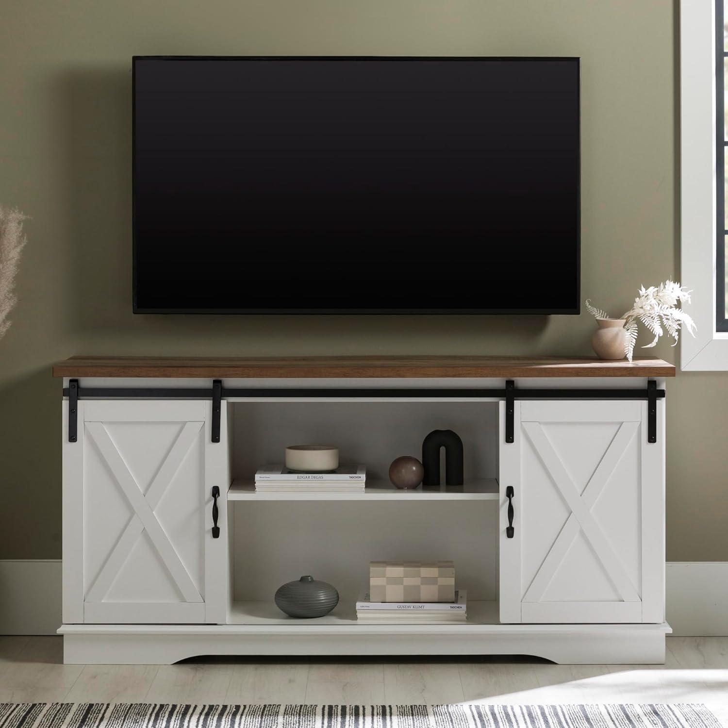 Walker Edison Farmhouse Sliding Barn Door TV Stand for TVs up to 65", White/Reclaimed Barnwood