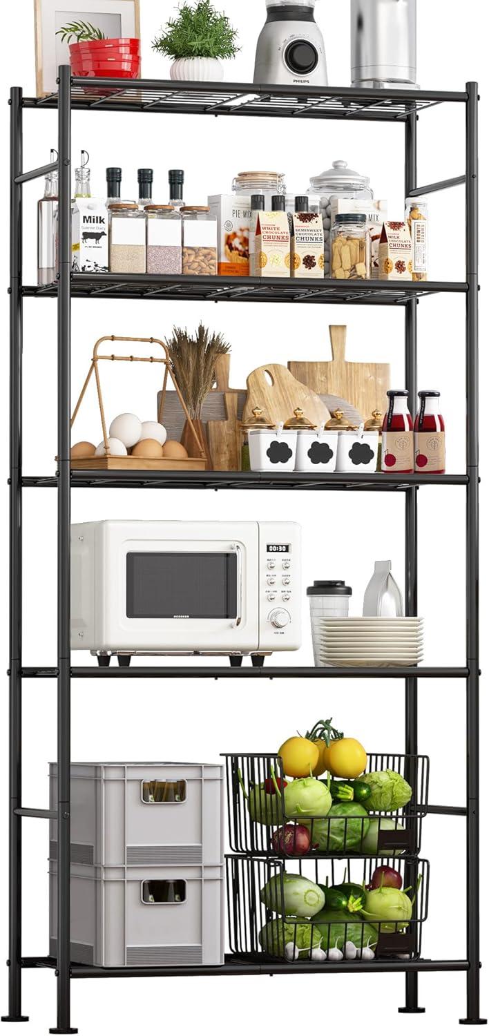 Storage Shelves - 5 Tier Shelf Organizer, Heavy Duty Garage Shelving Unit with Leveling Feet, Stable Metal Shelves Organizer for Pantry, Kitchen and Closet, 33.1" W X 12.6" D X 72.0" H, Black