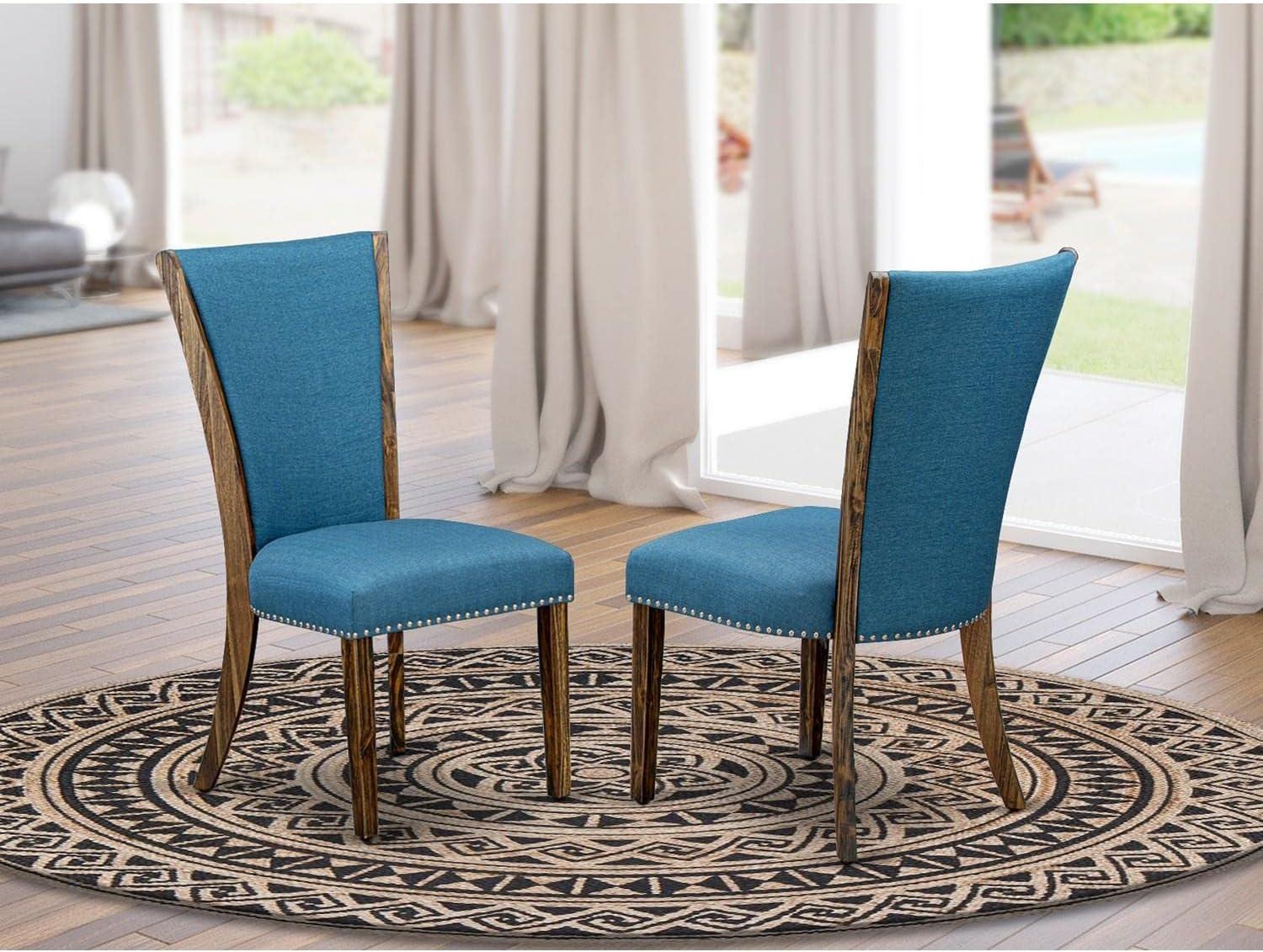 Blue Linen Upholstered Parsons Side Chair with Nailhead Trim