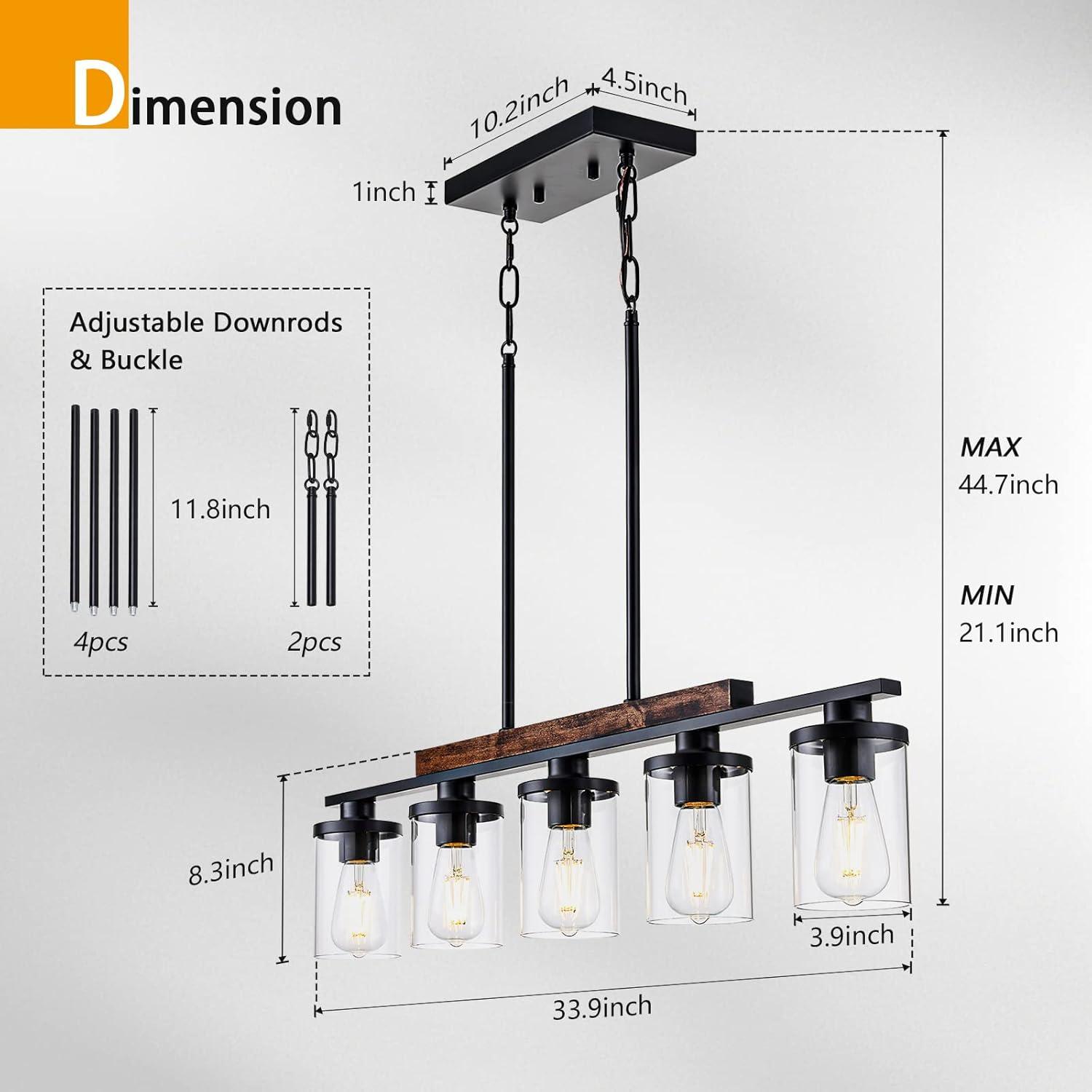 Black Farmhouse Chandelier, 5-Light Island Lights for Kitchen in Metal Finish with Clear Glass Shades, 37" Dining Room Chandelier, Linear Pendant Lighting for Foyer, Bar, Pool Table