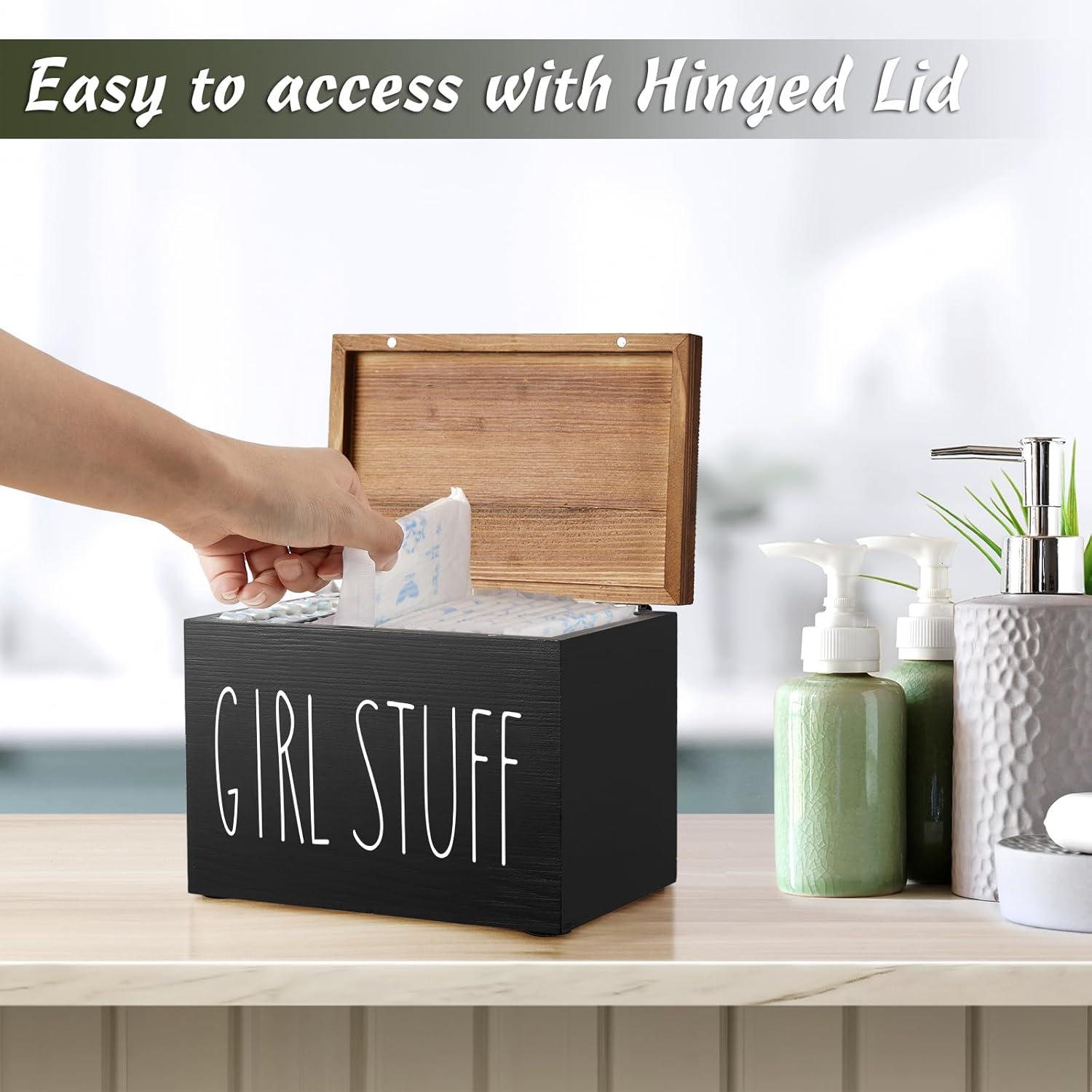 DRASTAR Tampon Holder for Bathroom, Black Feminine Product Organizer, Pad Organize Case with hinged lid, Shark Week Tampon Storage, Lady Stuff Box for Bathroom Accessories