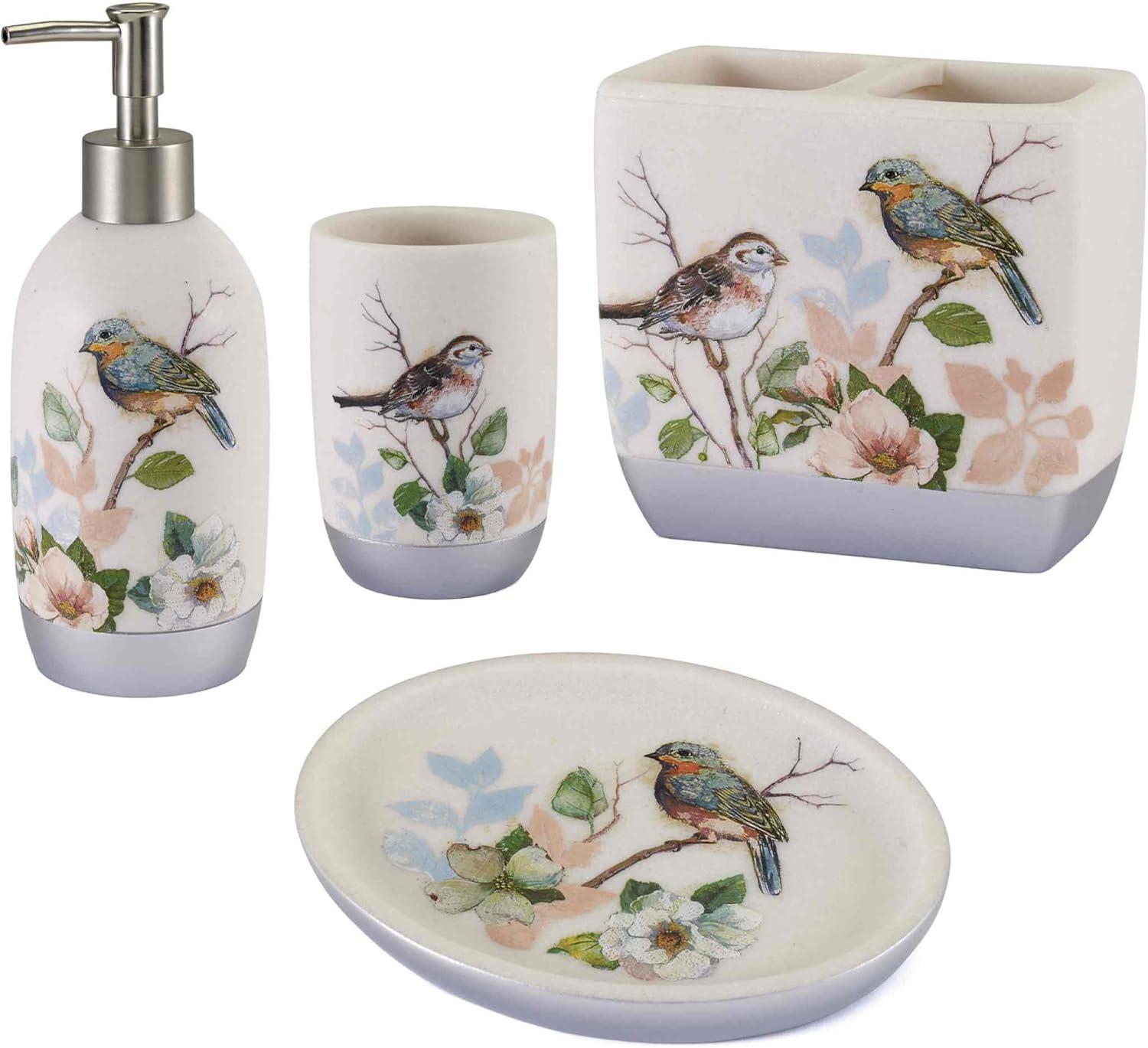 Ivory and Blue Resin Bird Decorated 4-Piece Bath Accessory Set