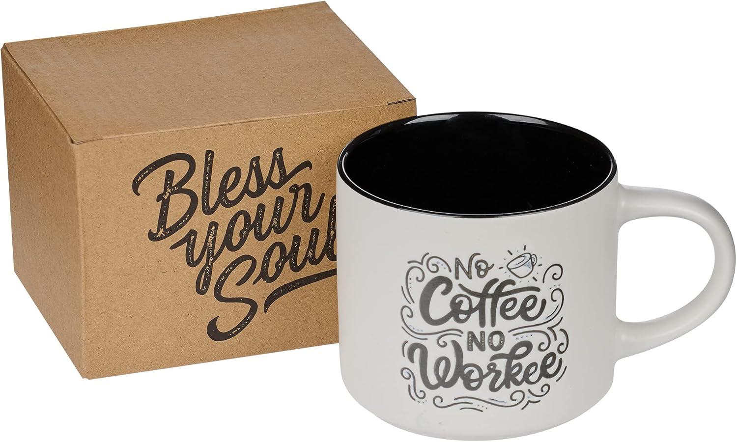 Bless Your Soul XL White Coffee Mug No Coffee No Workee, Funny Birthday Gifts for Women/Men, Office Co-worker Boss Lady Mug, Retro-Inspired Designs - 15oz Cup