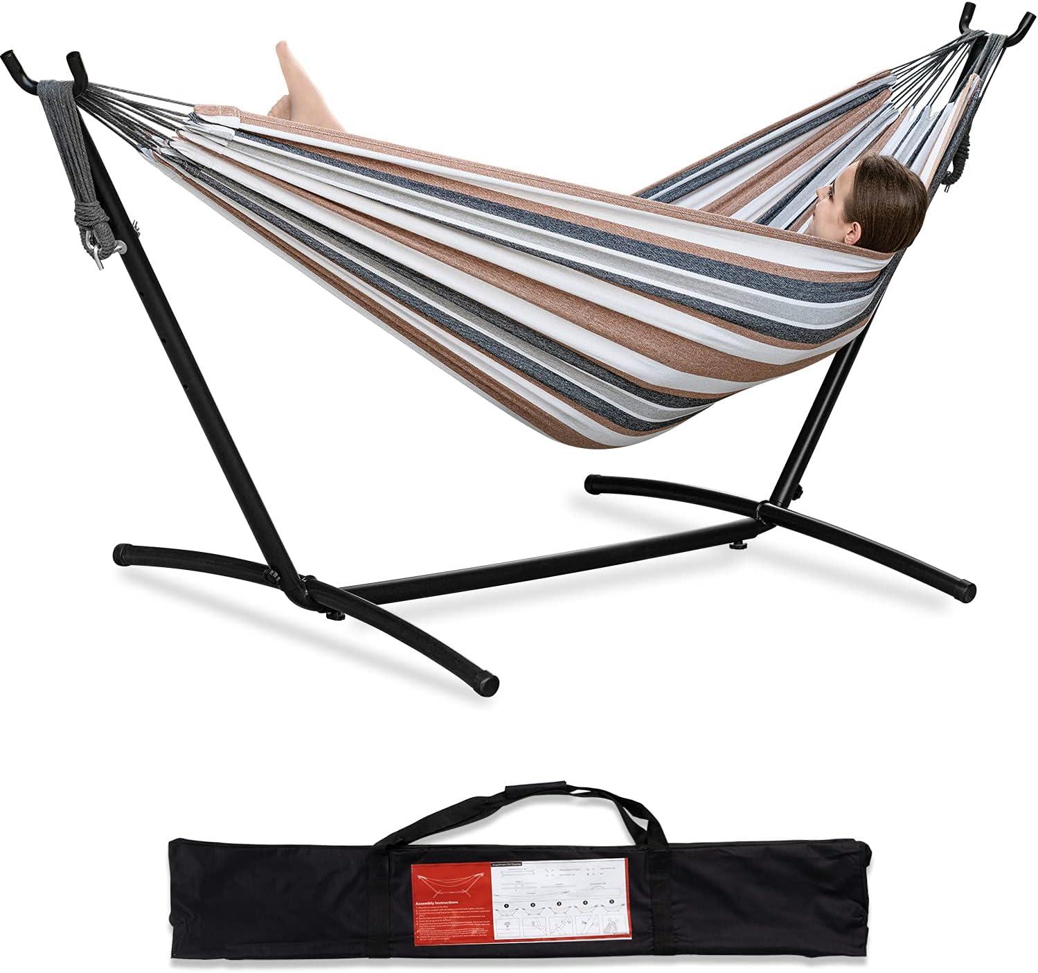 Double Hammock with Steel Stand and Striped Cotton Fabric