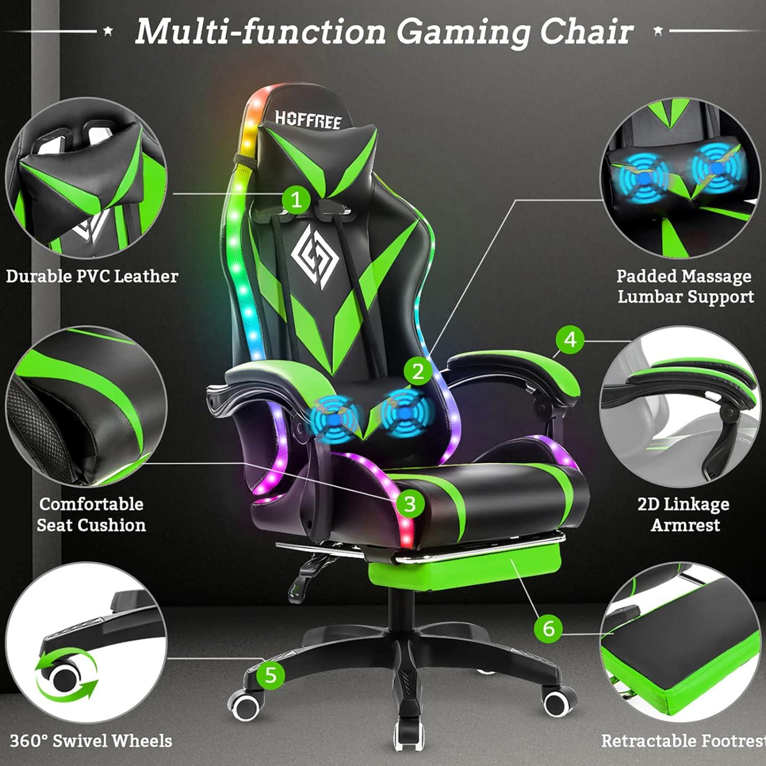 Hoffree Hoffree Massage Ergonomic Gaming Chair with Bluetooth Speakers and RGB LED Lights