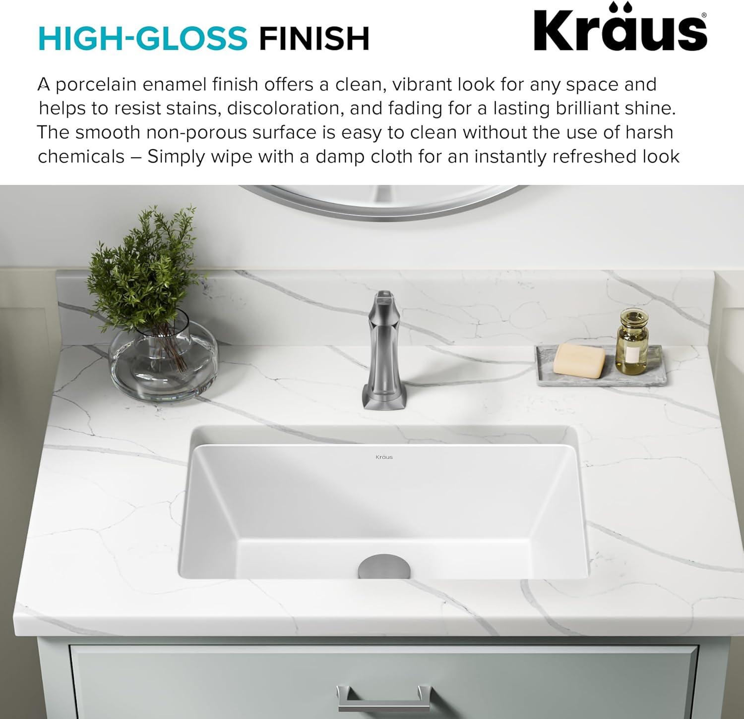 KRAUS Elavo. Rectangular Porcelain Ceramic Undermount Bathroom Sink In White With Overflow Drain, KCU-242