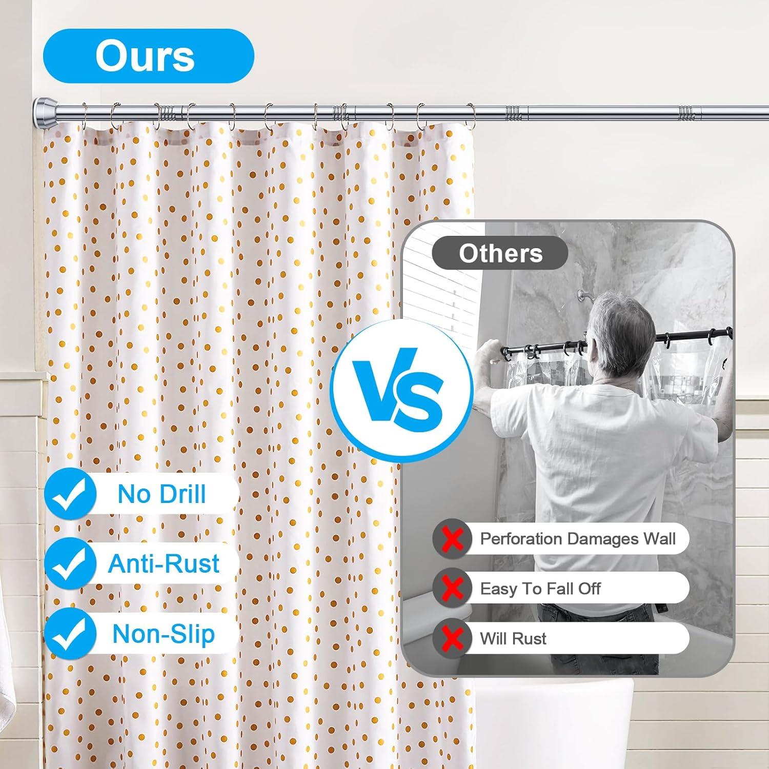 OUMIKEJI Shower Curtain Rod, 27-76 Inch Adjustable Tension Spring, Shower Curtain Rod Tension, Premium Stainless Steel, Anti-Slip, No Drilling, No Rust, For Bathroom, Silver