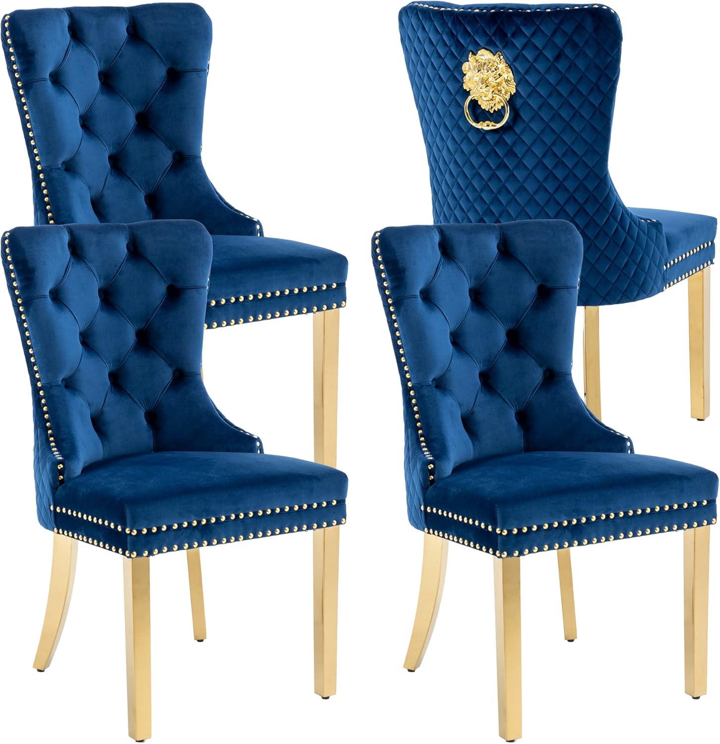 ODUSE-DAILY Velvet Dining Chairs Set of 4, Navy Kitchen & Dining Room Chairs, Tufted Dining Chairs, Fabric Upholstered, Solid Wood, Sillas De Comedor (Blue, 4 Pcs)