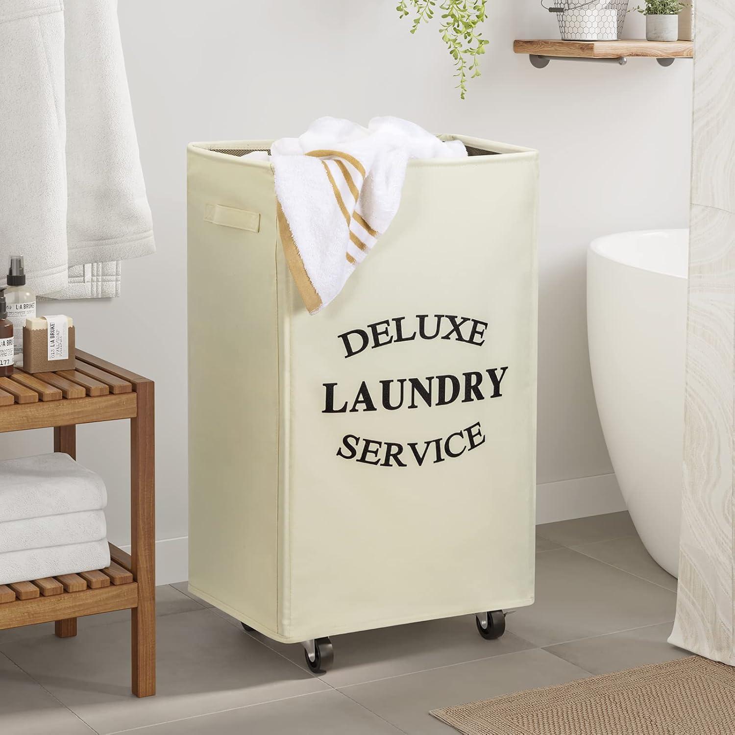 WOWLIVE Foldable Rectangular Deluxe Laundry Service Rolling Clothing Hamper Basket with Lockable Wheels for Laundry or Storage