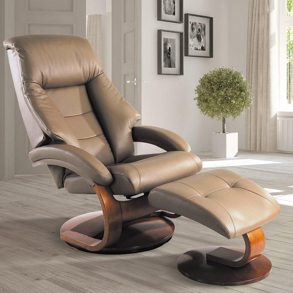 Sand Top Grain Leather Swivel Recliner with Walnut Base