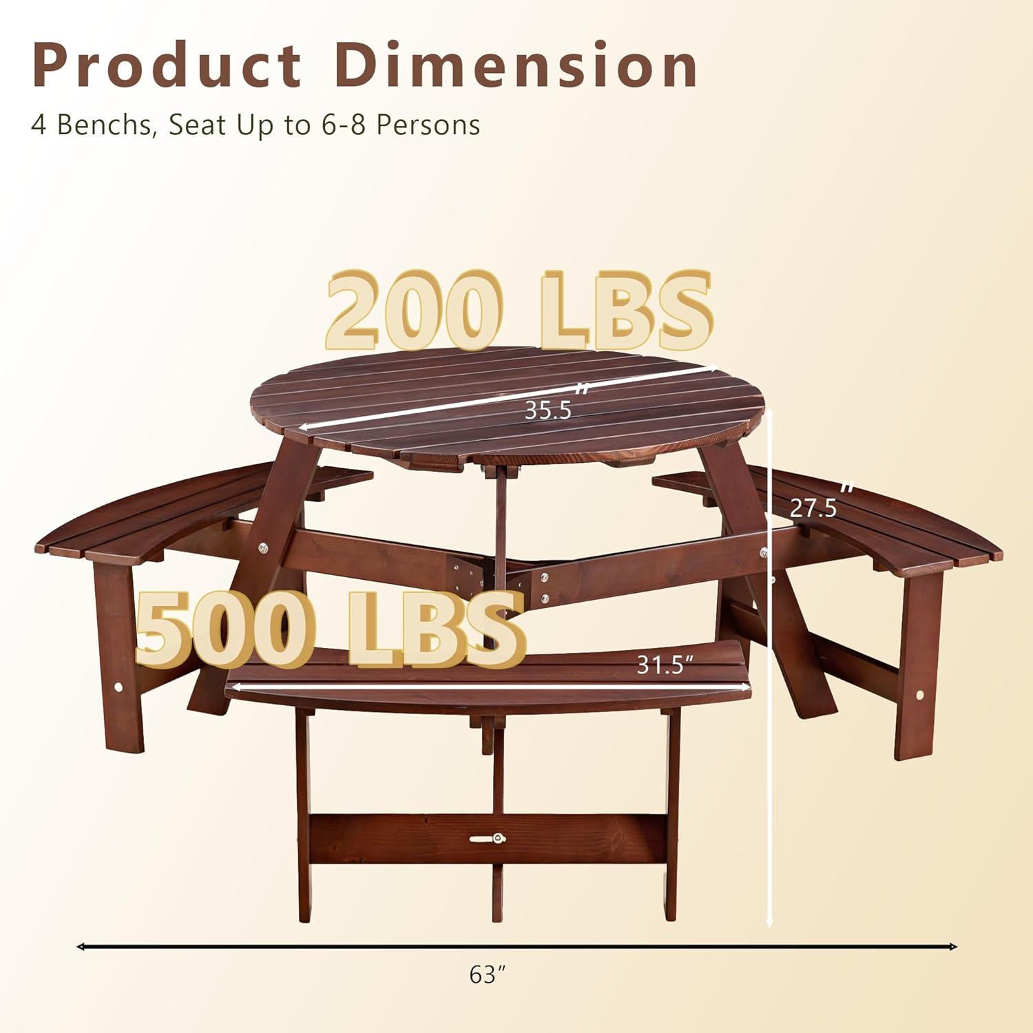 6 Person Wood Picnic Table, Outdoor Round Picnic Table with 3 Built-in Benches, Umbrella Hole, Outside Table and Bench Set for Patio, Backyard, 500lbs Capacity Per Bench (Brown)