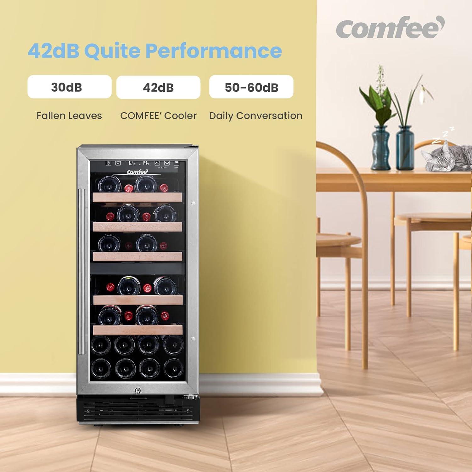 Comfee 28-Bottle Dual Zone Free Standing Beverage and Wine Cooler, Stainless Steel