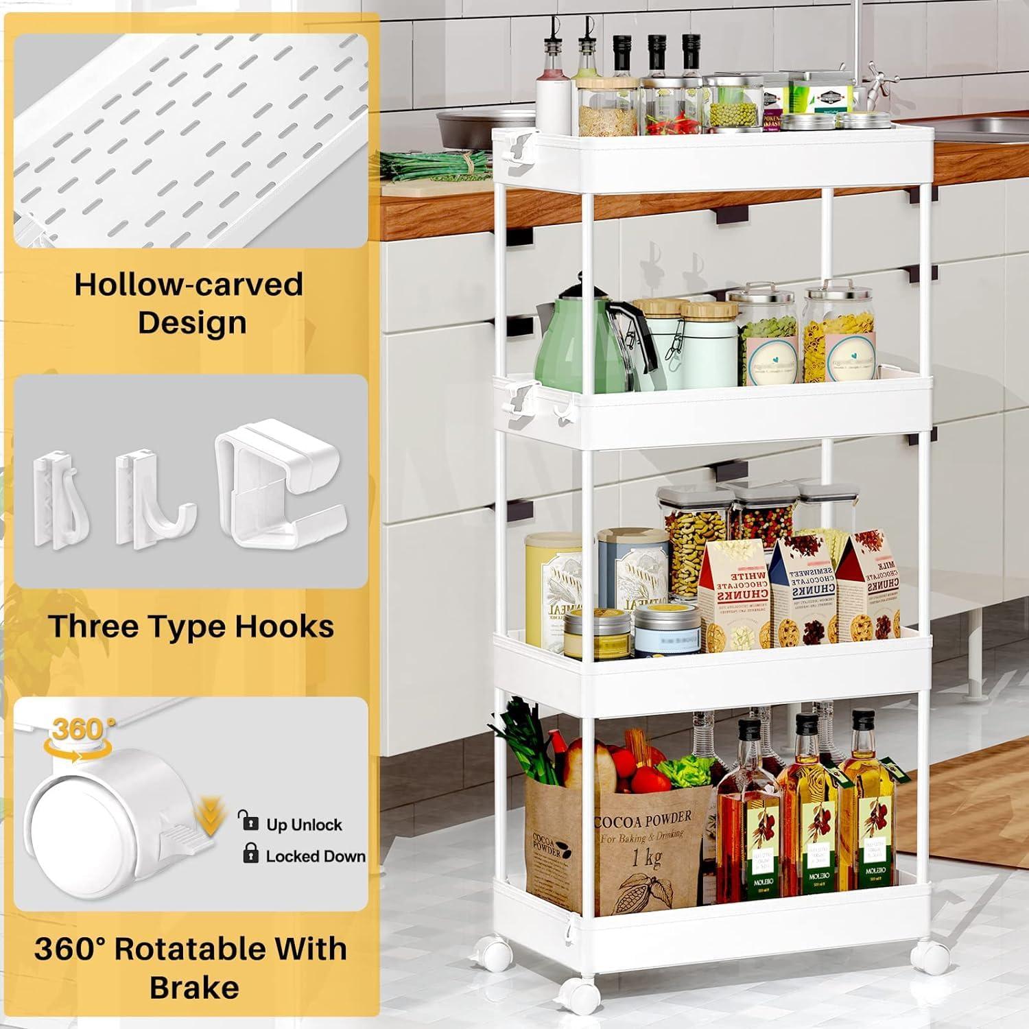 White 4-Tier Mobile Plastic Storage Cart with Wheels