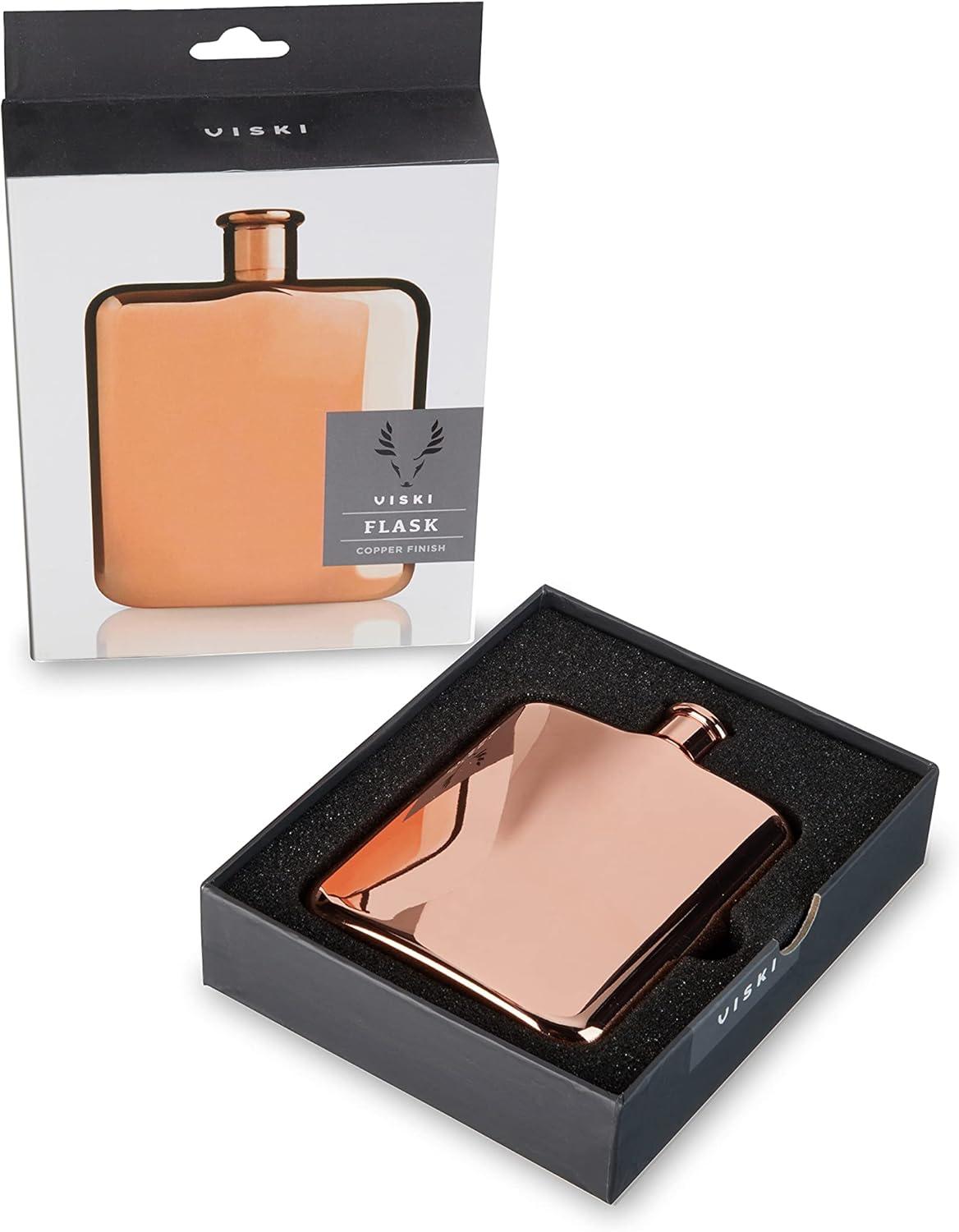Viski Copper Flask, Stainless Steel Flask with Screw Top, Copper Plated Liquor Flask for Women and Men, 6 Ounces, Copper, Set of 1