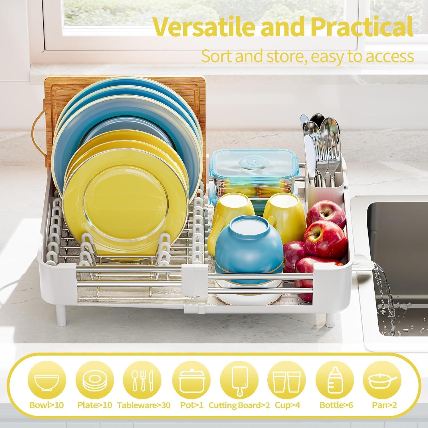 TOOLF Extendable Dish Rack, Dual Part Dish Drainers with Non-Scratch and Movable Cutlery Drainer and Drainage Spout, Adjustable Dish Drying Rack for Kitchen, 1 Piece White