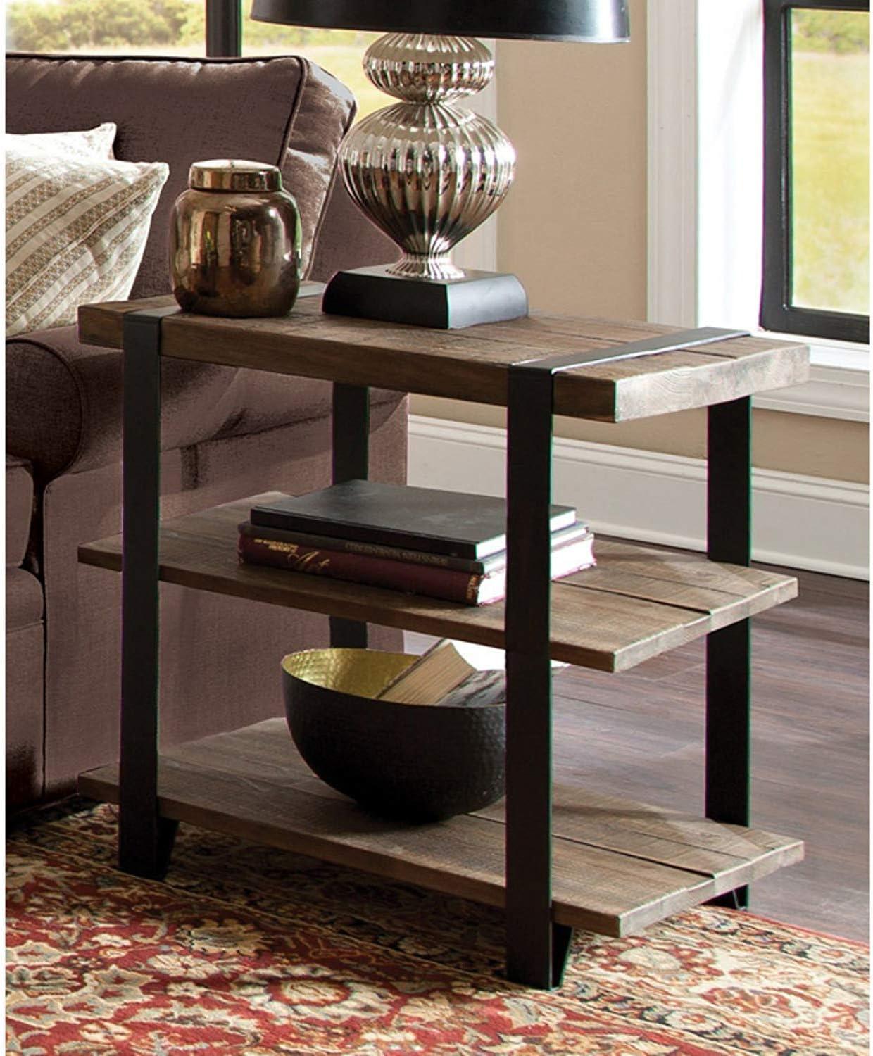 27" Modesto Wide 2 Shelf End Table with Metal Strap, Reclaimed Wood - Alaterre Furniture: Rustic Industrial Design, Black Frame