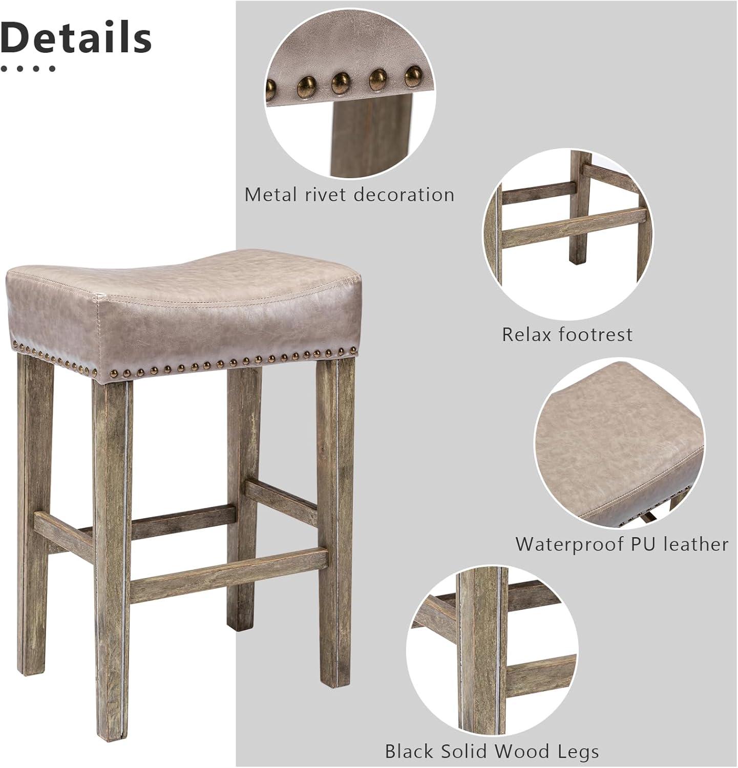 Bar Stools Set of 2, 26" Faux PU Leather Upholstered Counter Height Backless Saddle Stools with Nailhead Trims and Solid Wood Legs Farmhouse Island Chairs for Kitchen Dining Room Pub, Gray