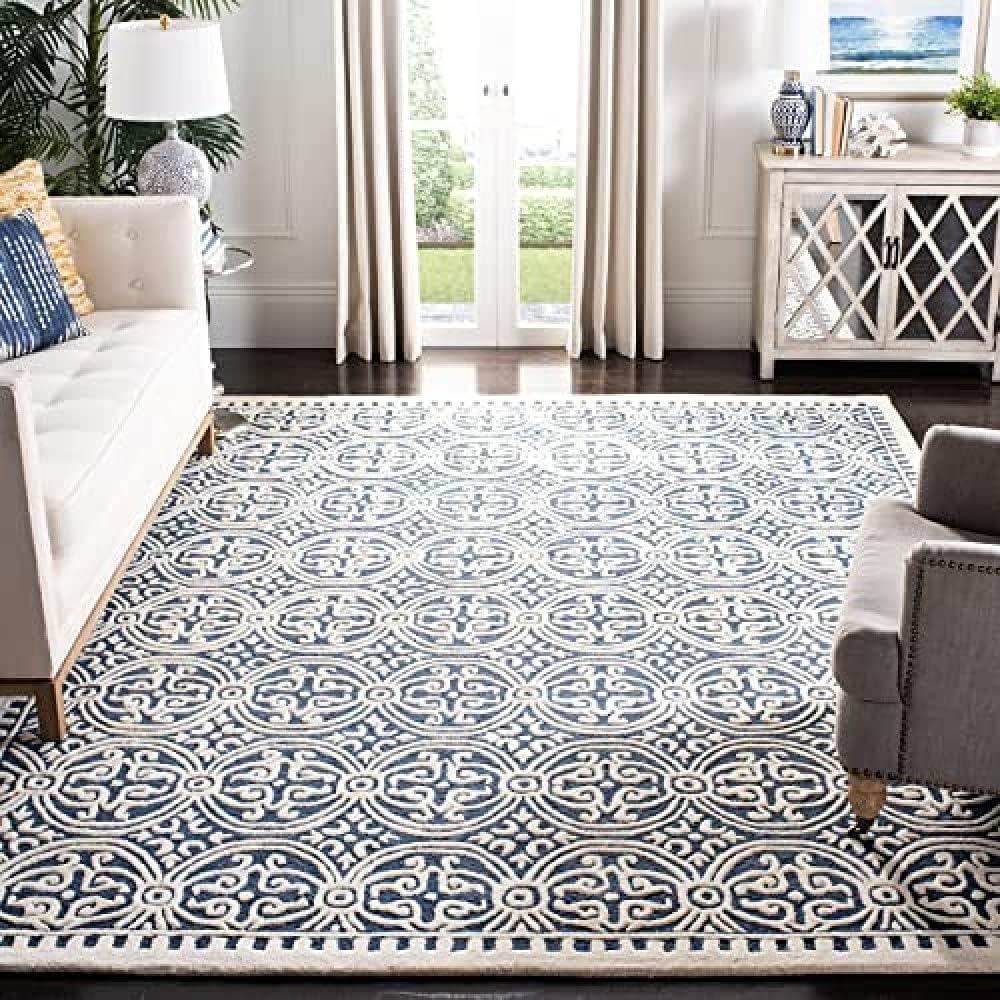 SAFAVIEH Cambridge Leslie Geometric Wool Area Rug, Navy Blue/Ivory, 5' x 8'