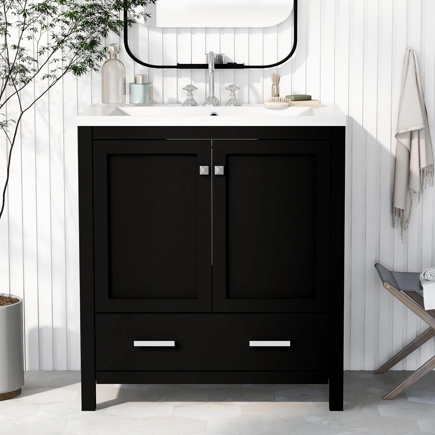 30" Bathroom Vanity with Sink, Modern Under Sink Cabinet with 2 Doors and 1 Drawer, Floor Storage Cabinet for Bathroom with Removable Divider and Double Shelf, Black