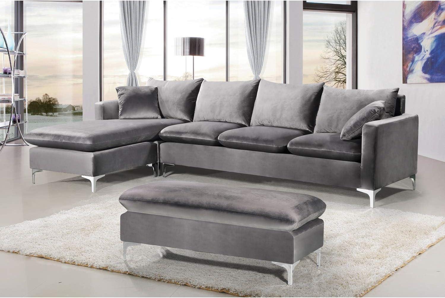 Meridian Furniture Naomi Contemporary 2pc Velvet Reversible Sectional in Gray