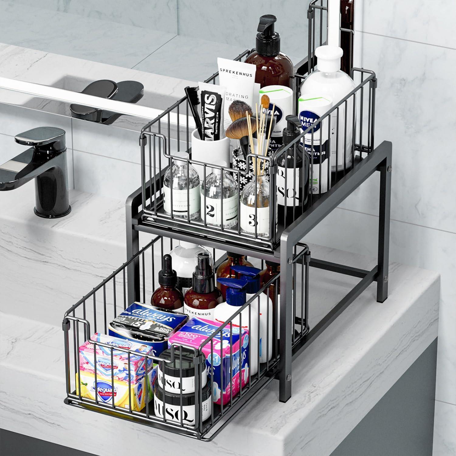 2 Tier Stackable Sliding Basket Under Sink Storage Pull Out Organizer Drawer for Kitchen Bathroom