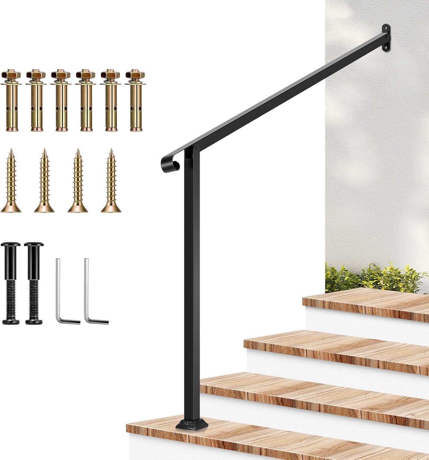 VIVOSUN 2 Step Wrought Mattle Iron Stair Handrail with Single Curved End