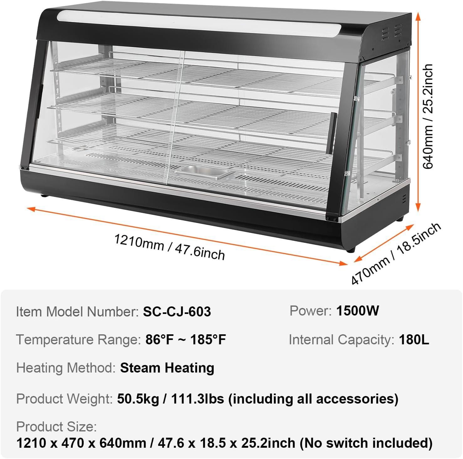 VEVOR 3-Tier Commercial Food Warmer Display, 1500W Food Display Warmer with Light, Adjustable Shelf and Temperature Display, Steam Heating, 180L